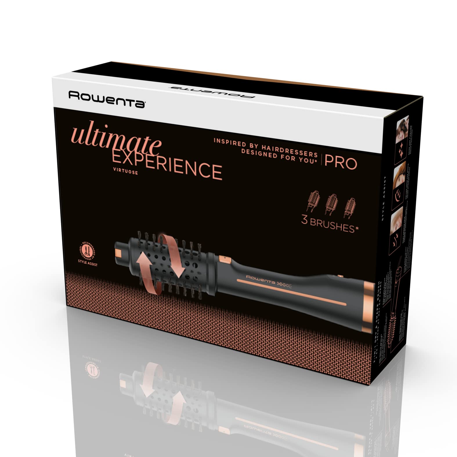 Rowenta Brosse soufflante rotative 2-en-1, Sèche, Coiffe les cheveux, 3 brosses incluses, Réduit l'électricité statique et les frisottis, Ultimate Expérience, Noir/cuivre CF9620F0