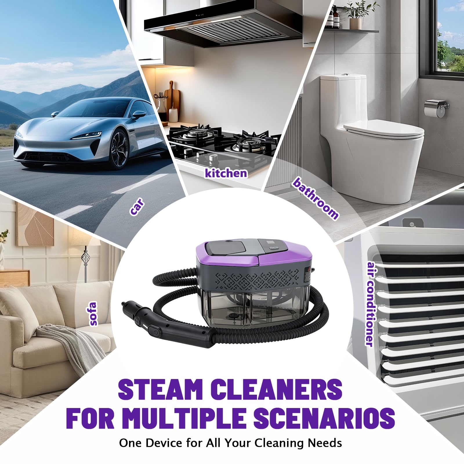 2500W Nettoyeur à Vapeur,4 Bars,Chauffe en 10 s, Vapeur à 145°C pour Désinfection, Réservoir 1.8L 12 Accessoires Inclus 3 Niveaux de Puissance pour Voiture Canapé Sol Salle de Bain Carrelage