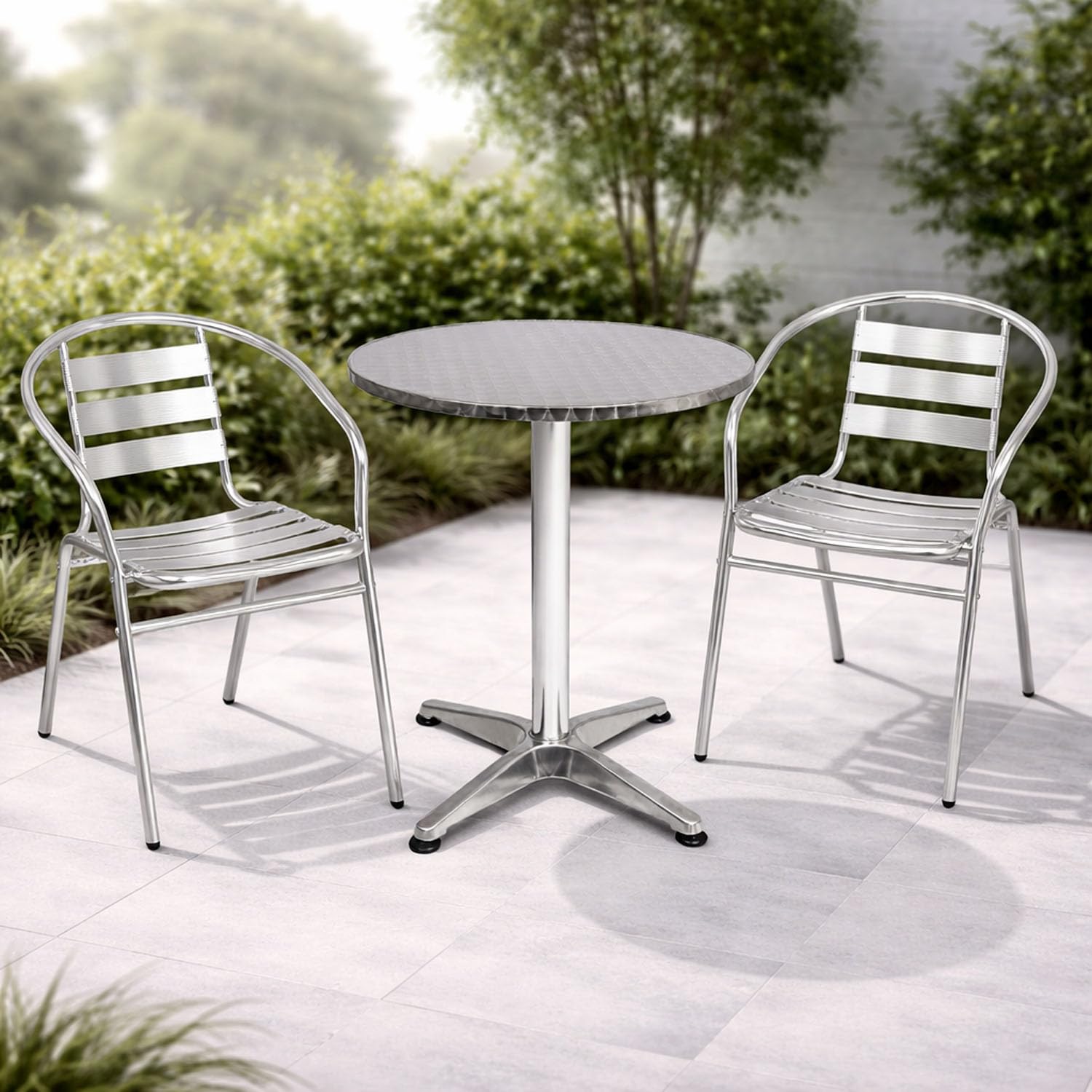 INDA-Exclusiv Bistrogarnitur 3-teilig Bistrotisch Aluminium Rund Ø 60cm H70cm / 110 cm höhenverstellbar + klappbar + 2 Bistrostühle Aluminium Stapelstuhl Garten