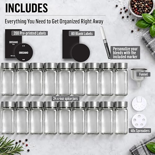 Deco haus Spice Jars Square Airtight Set of 24 [Includes Labels & Shaker Insert] - Spice Jars Set Glass - Spice Container Spice Jars - Spice Storage - Spice Organiser - Spice Storage - 2