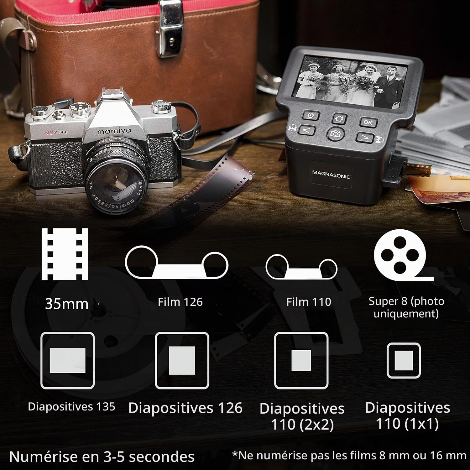 Magnasonic Numériseur de Films Tout-en-Un 24MP avec Grand Écran 5" et HDMI, Convertit Les Films 35mm/126/110/Super 8 et Les Diapositives 135/126/110 en Photos Numériques, Mémoire Intégrée (FS71)