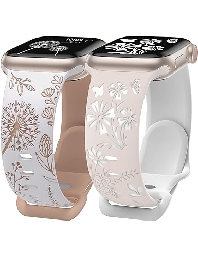 Wearlizer 2 Packs Floral Engraved Compatible with Apple Watch Bands 38/40/41/42/44/45/46/49mm Women, Cute Two-Tone Soft Silicone Strap for iWatch Series 11 10 9 8 7 6 5 4 3 SE/Ultra 3 2 1 - White/Nude + Starlight/White - 38/40/41/42mm(Series 11 10)