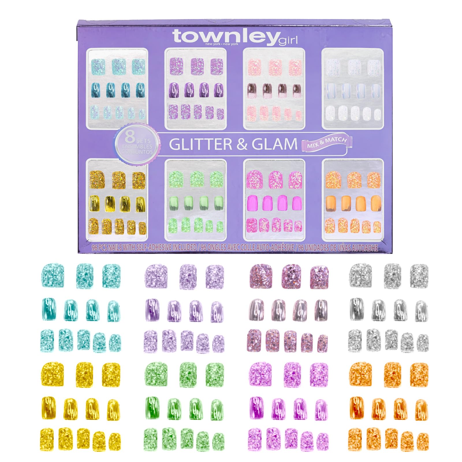 Townley Girl 96 Pcs Stick on Nails Set | 8 Different Mix and Match Press- On Nail Sets for Girls | Self-Adhesive Artificial Nails