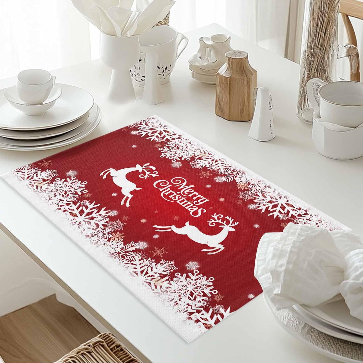Snowflake Deer Christmas Placemats Set of 6, Washable Cotton Linen Table Mats for Kitchen Dining Table, Heat Insulation Place Mats for Indoor Outdoor Parties, Holiday Decorations