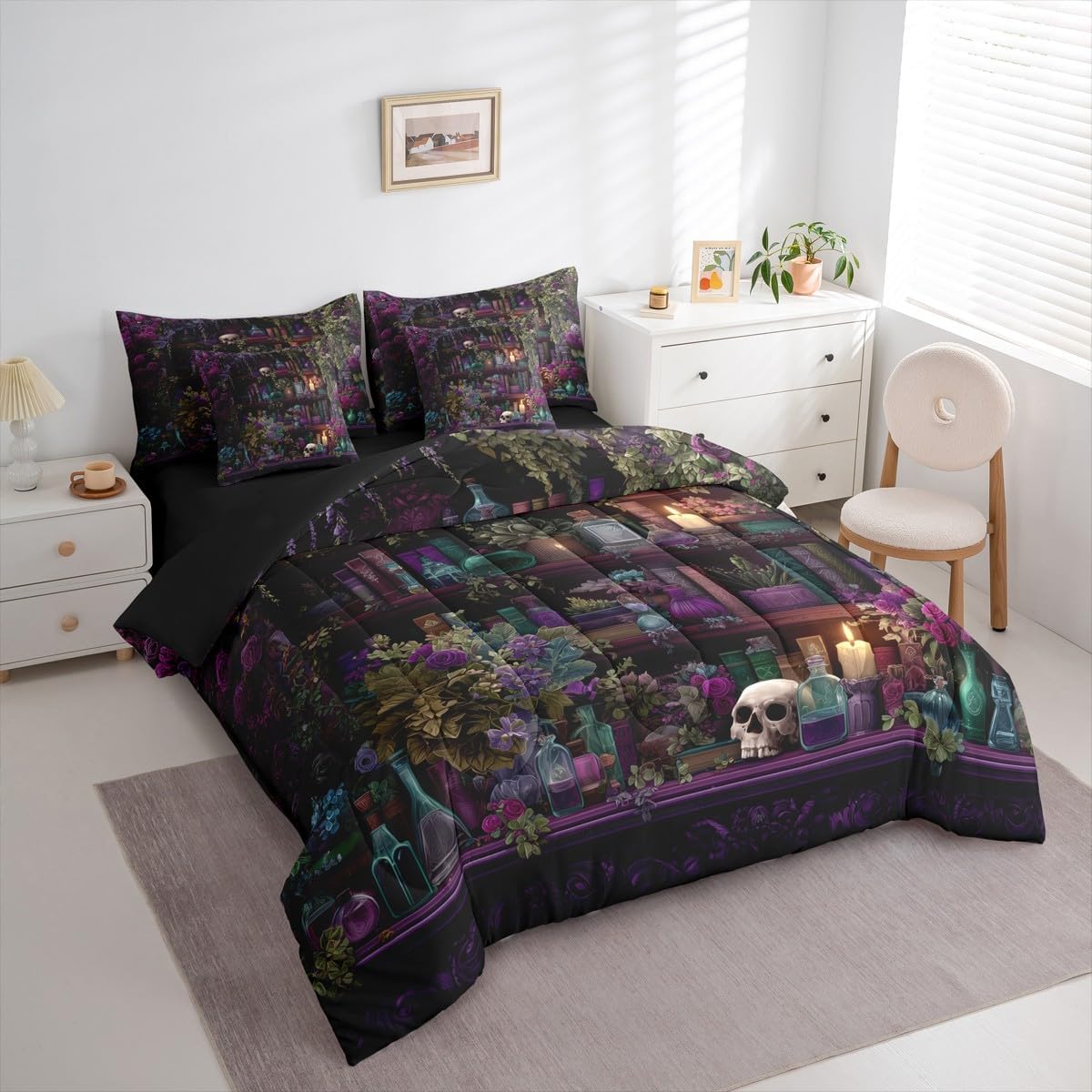 Erosebridal Gothic Skull 7 Piece Bedding Set Queen Vintage Witchy Comforter Set with Sheets Spooky Magic Bookshelf Bed in a Bag Black Retro Wizard Mysterious Cool Bed Sets Comforter