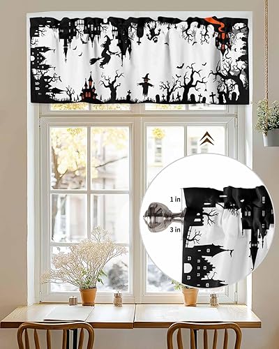 Miniatura 7 de Cortinas de cenefas para cocina, Halloween, bruja volando en una escoba y casa encantada, cenefa de cocina negra, cortinas cortas con bolsillo para