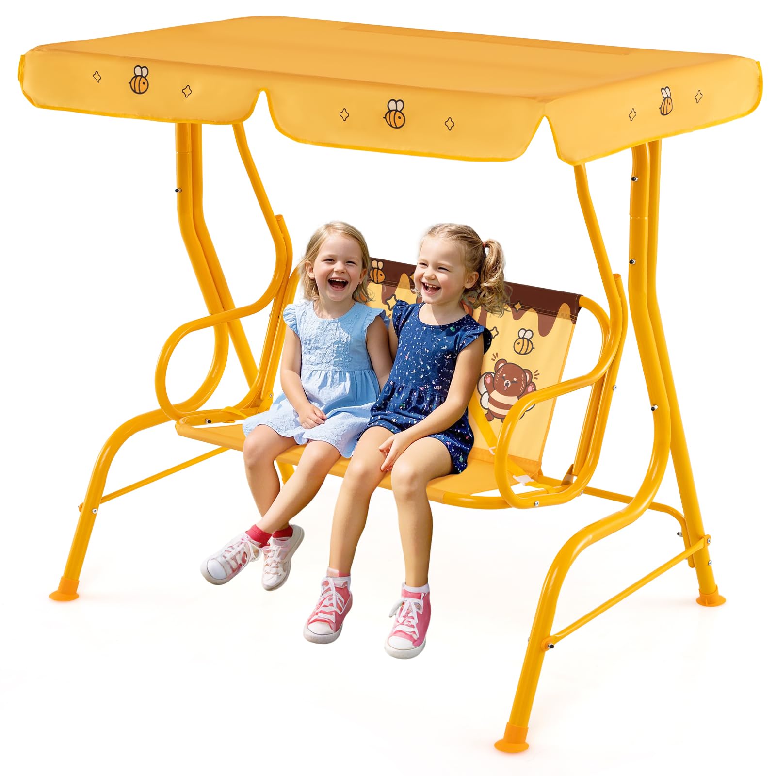 COSTWAY Balancelle de Jardin Extérieure Enfant 2 Places avec Motif Ours & Auvent Réglable, Balançoire de Patio avec Ceintures de Sécurité, Charge Max 80KG pour 3 Ans+, 112x76,5x111 cm