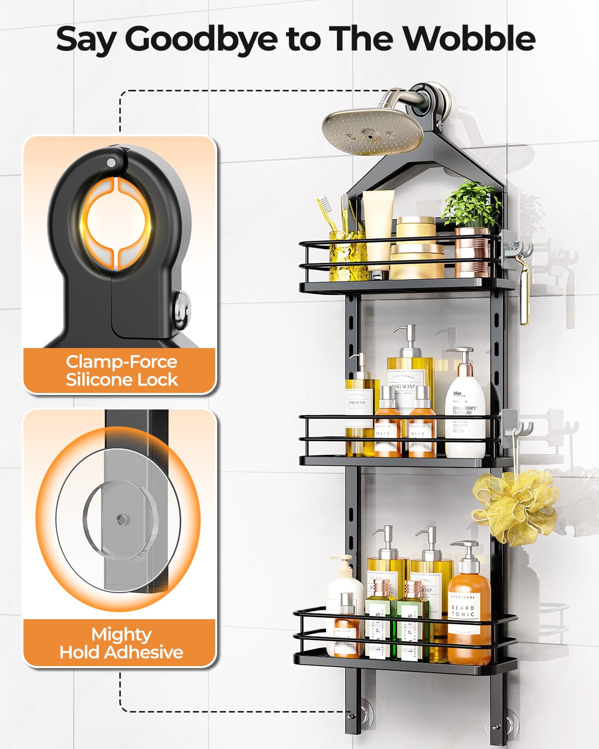 SWTYMIKI Étagère De Douche à Suspendre Sur Pommeau De Douche Avec 2 Porte-savon Et Crochets, 3 Niveaux Antirouille Et Anti-balancement, étagères De Salle De Bain, Sans Perçage, Noir