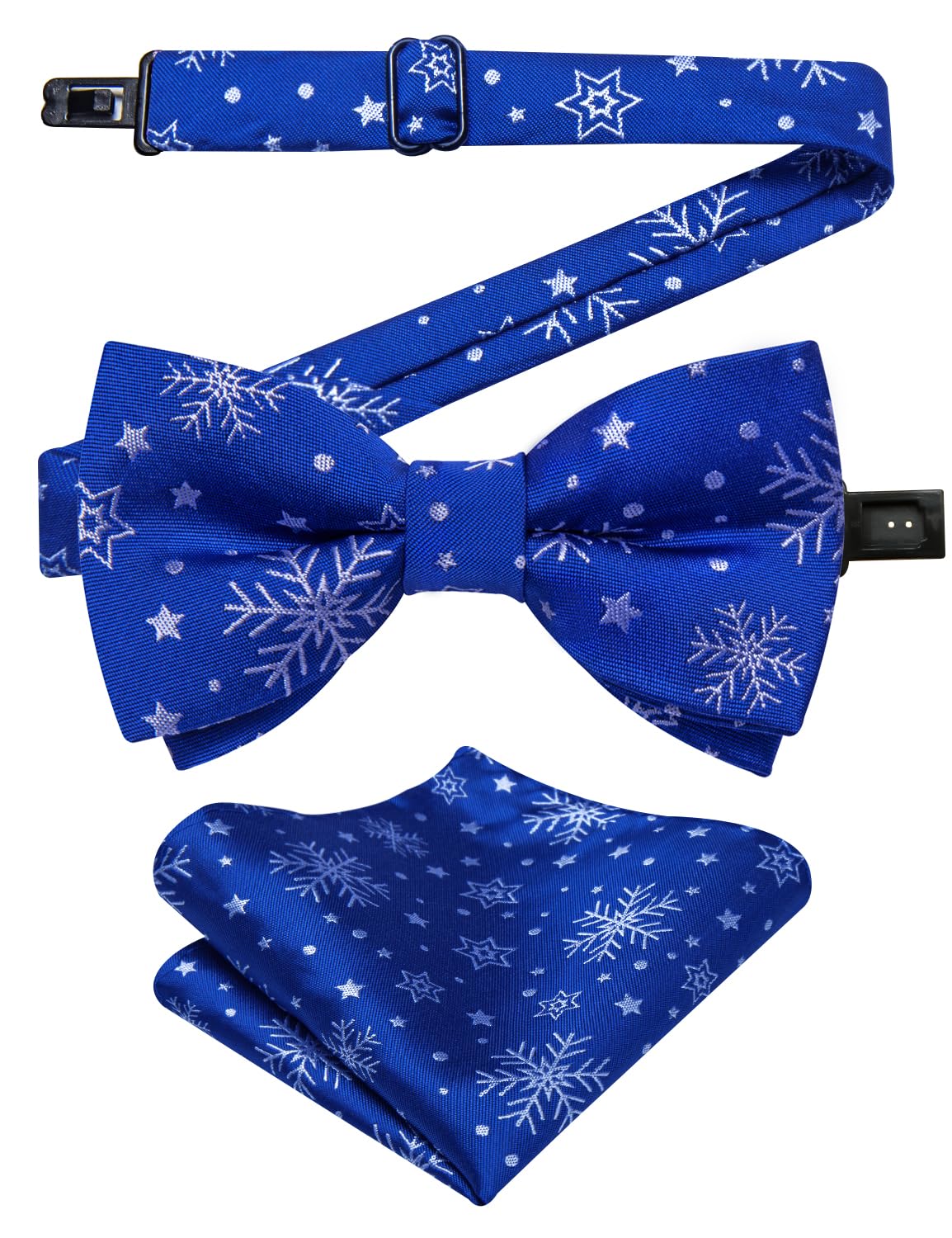 DiBanGu Boys Christmas Bowtie Set Silk Xmas Holiday Pre-tied Bowtie and pocket Square for Kids Festive Bow Tie with Gift Box, Royal Blue and White Snowflake