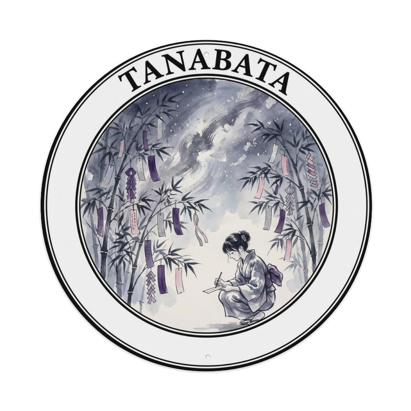 Olyhtr 8X8inch Classic Style Tanabata Bamboo Wishes Ink Wash Purple Silver Metal Tin Sign