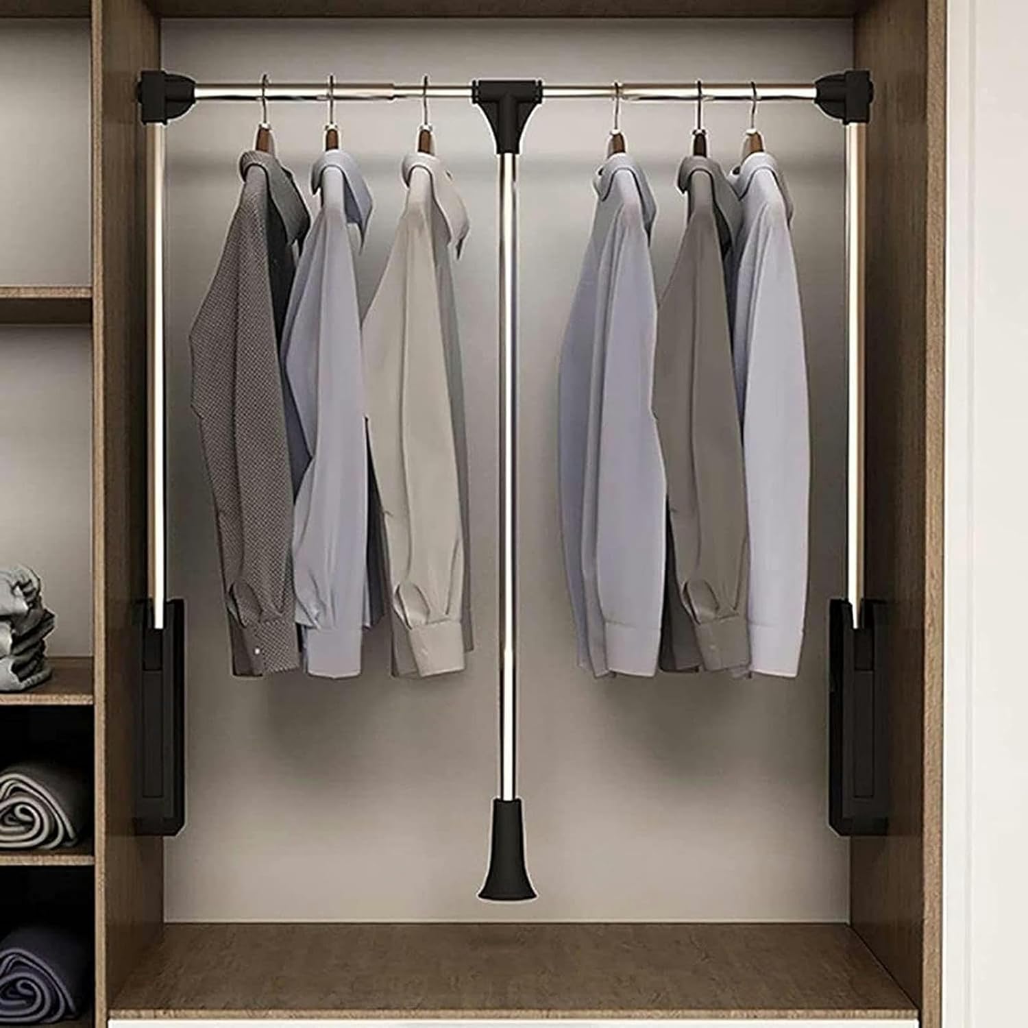 Pull Down Wardrobe Rail Closet Rod, Heavy Duty Steel Rod, Wall-Mounted Industrial Frame (Silver, Size:890-1210mm)
