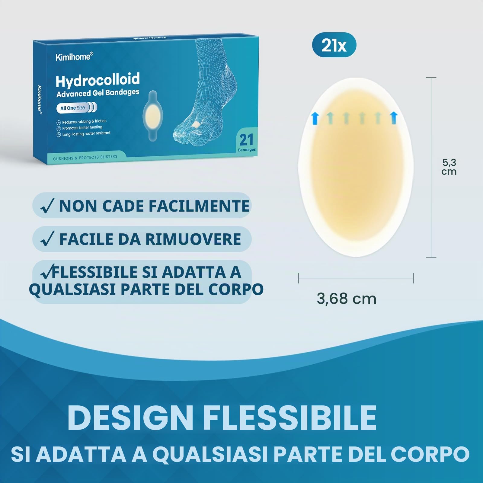 Bende per vesciche in gel, 21 pezzi, bende idrocolloidali per piedi, cuscinetti per vesciche, adesive resistenti all'acqua per tallone, dita dei piedi, bende per prevenzione e comfort