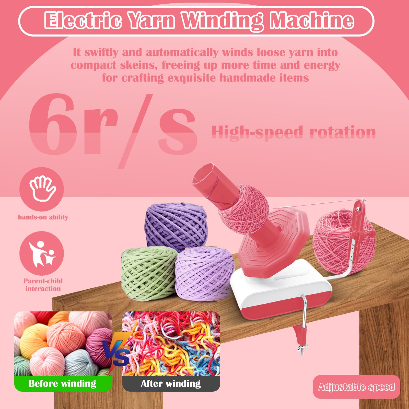 Bobinadora De Hilo EléCtrica, Devanadora Lana con Velocidad Continua Y Gran Capacidad, Bobinadora Enrollador De Hilos Lana Bola Devanadora De Hilo Ovilladora Manual Rebobinador (Rosa)