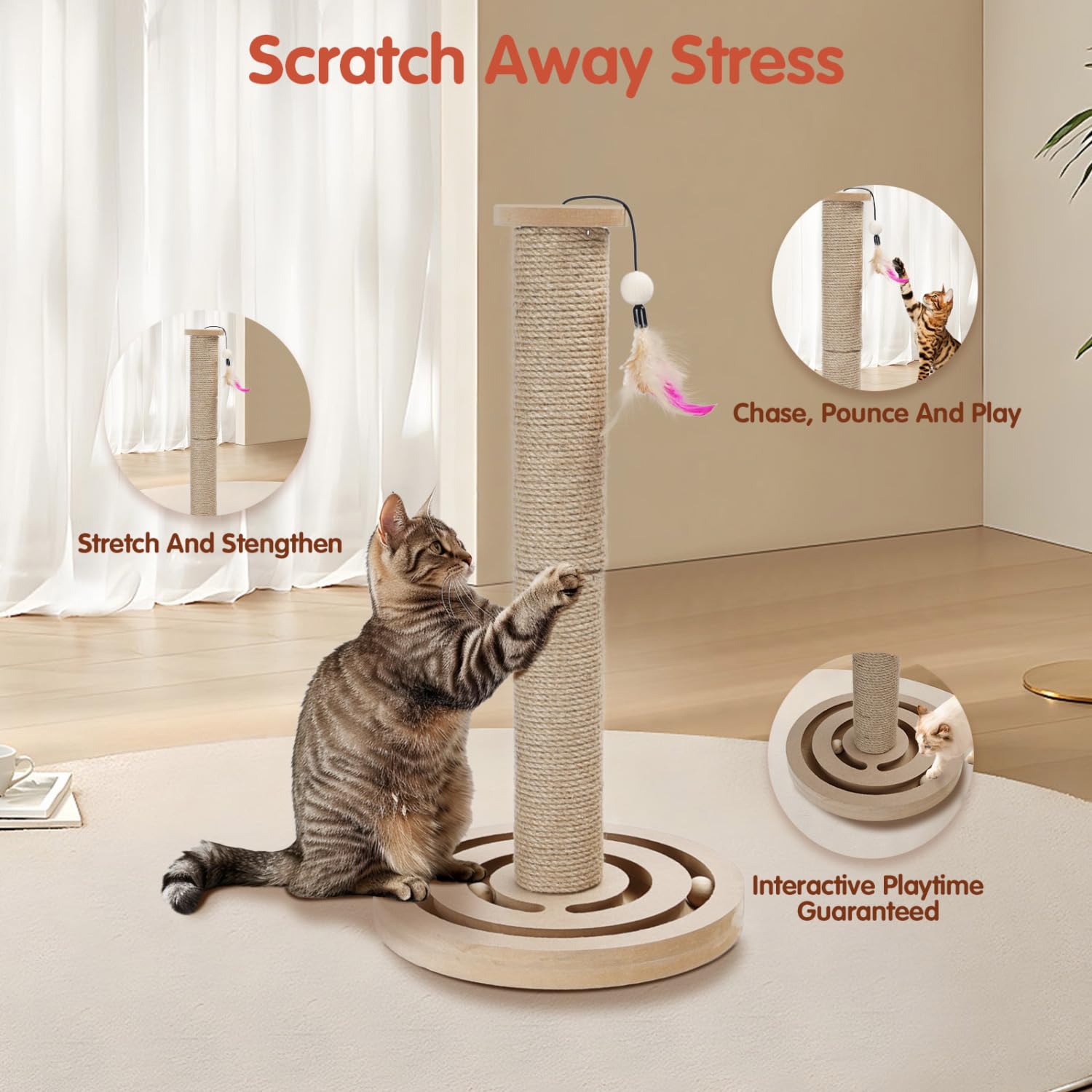 Nobleza Poste Rascador para Gatos con Base de Madera y Bolas, Árbol Rascador de Sisal Natural con Pluma, Juguete Interactivo 3 en 1, 55x30 cm