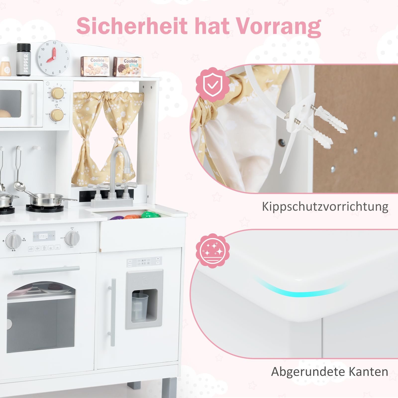 COSTWAY Kinderküche inkl. Zubehör, Spielküche höhenverstellbar mit Mikrowelle, Herd, Spüle, Ofen & Eismaschine, Spielzeugküche Holzküche für Kinder ab 3 Jahren