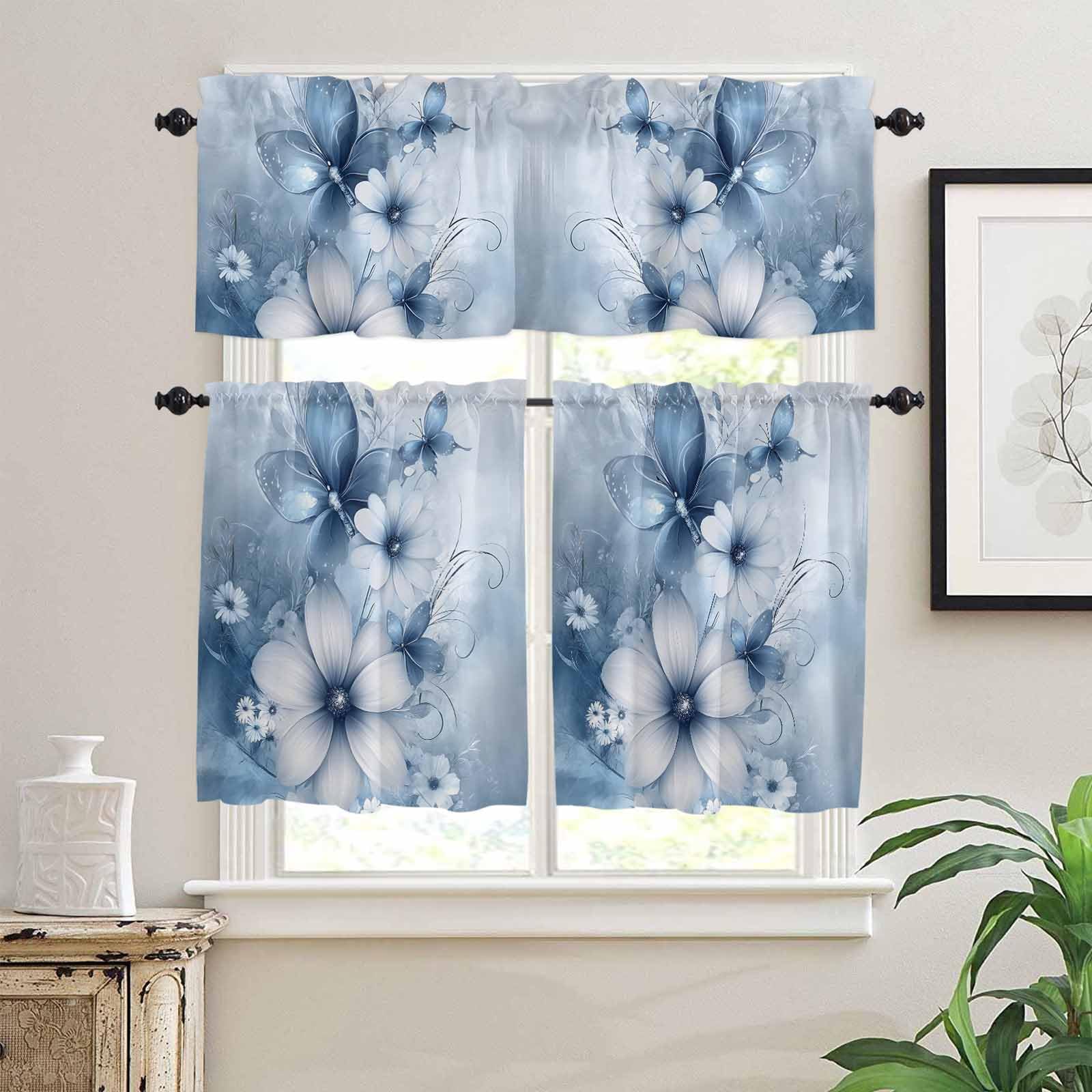 Blue White Daisy Kitchen Curtains 36 Inch Length, 3 Piece Rod Pocket Small Half Tiers and Valance Set, Luxury Farmhouse Botanical Flower Small Large Window Treatment Decor for Bedroom/Bathroom Sink