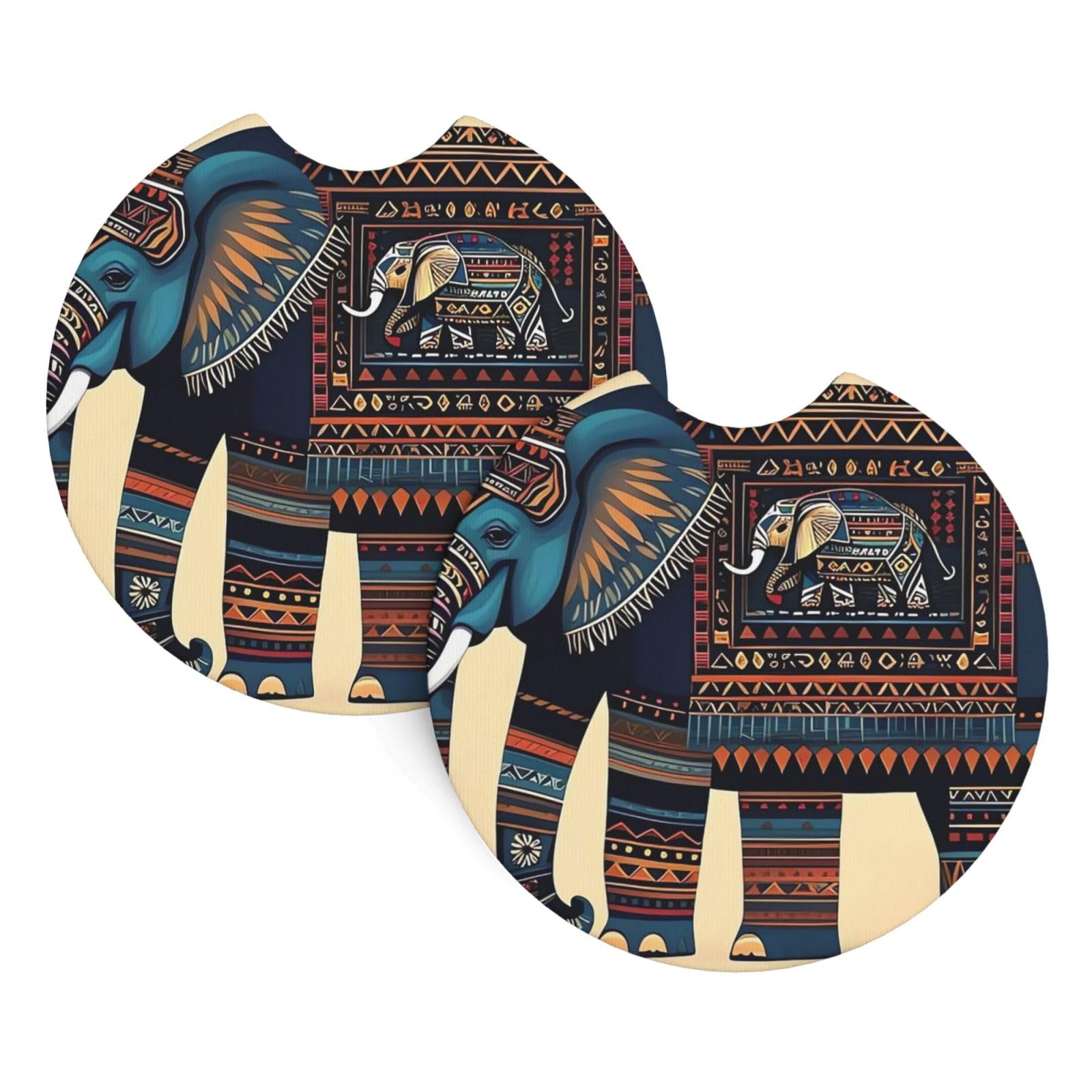 2 Pack Car Coaster for Cup Holders Aztec Elephant Car Cup Coaster 2.7" Neoprene Non-Slip Automotive Cup Mat Universal Auto Car Interior Accessories for Women Men Cup Pad