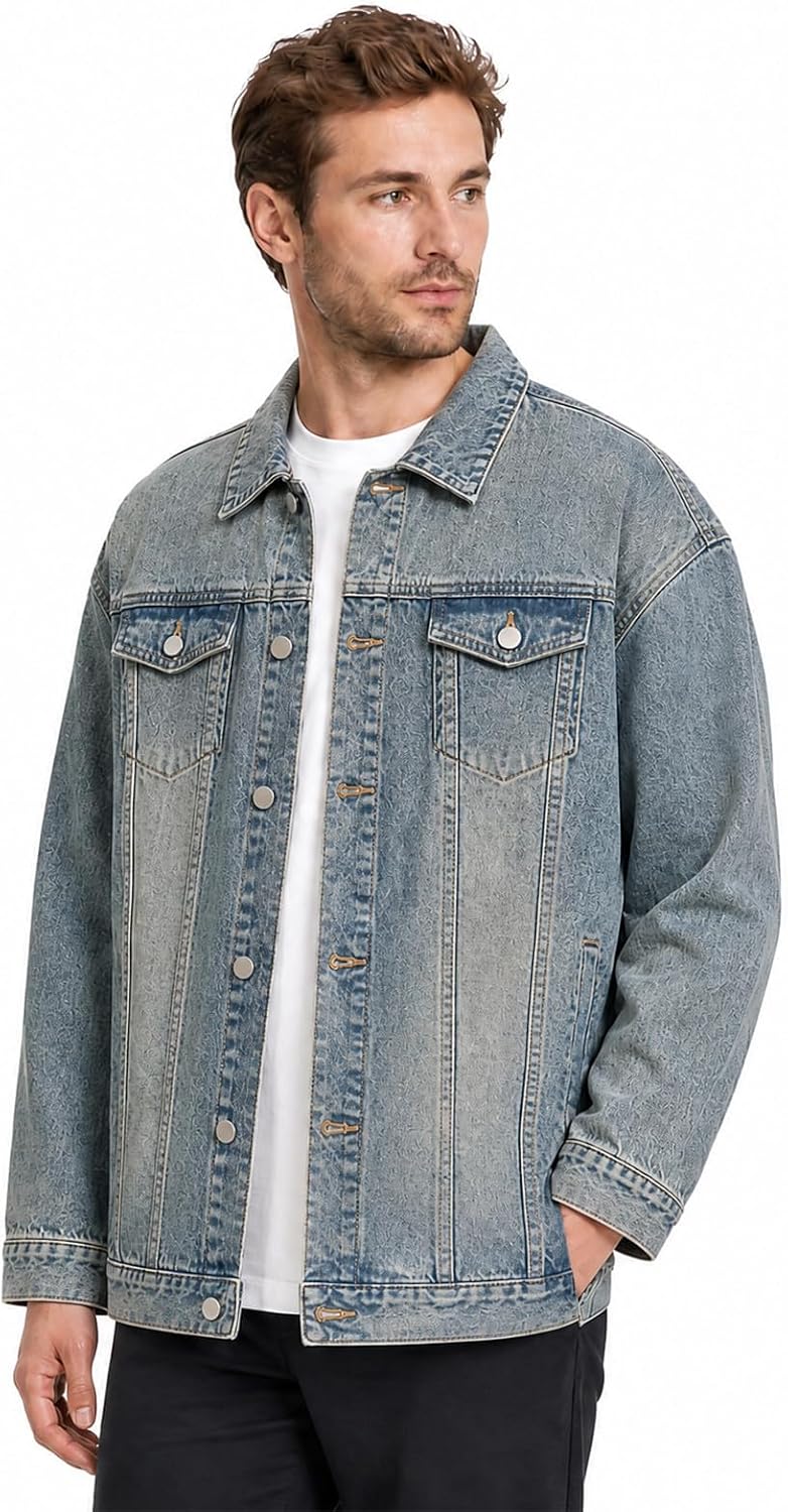 Men's Button Front Denim Jacket Collared Retro Loose Trucker Coat