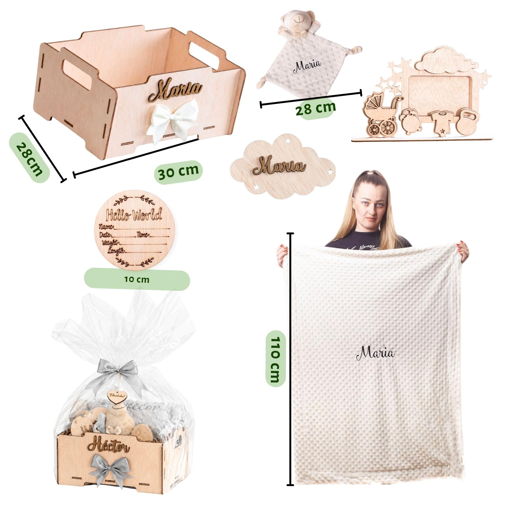 Geschenk für Neugeborene Jungen oder Mädchen | Babykorb mit Babydecke & Schmusetuch Geschenk zur Geburt, Taufe, Schwangerschaft, fürs Krankenhaus & Baby Shower | Personalisiert mit Namen + Holzbox