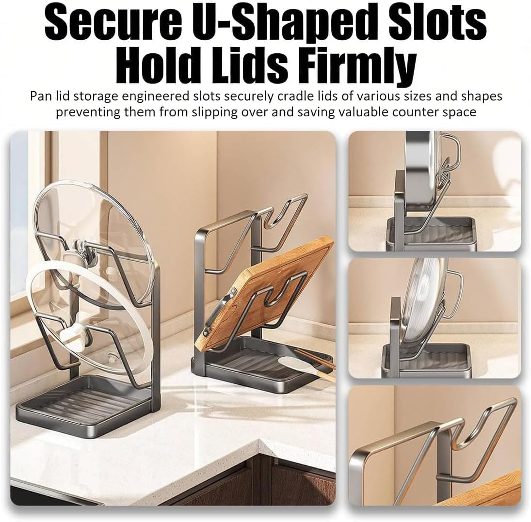 Kitchen Pot Lid Storage Rack,Kitchen Pot Lid Holder Organizer Storage Rack Drip Tray On Counter for Cooking,Multifunctional Utensils Pan Pots Cover Lids Rack Shelf (Beige, Double-layer)