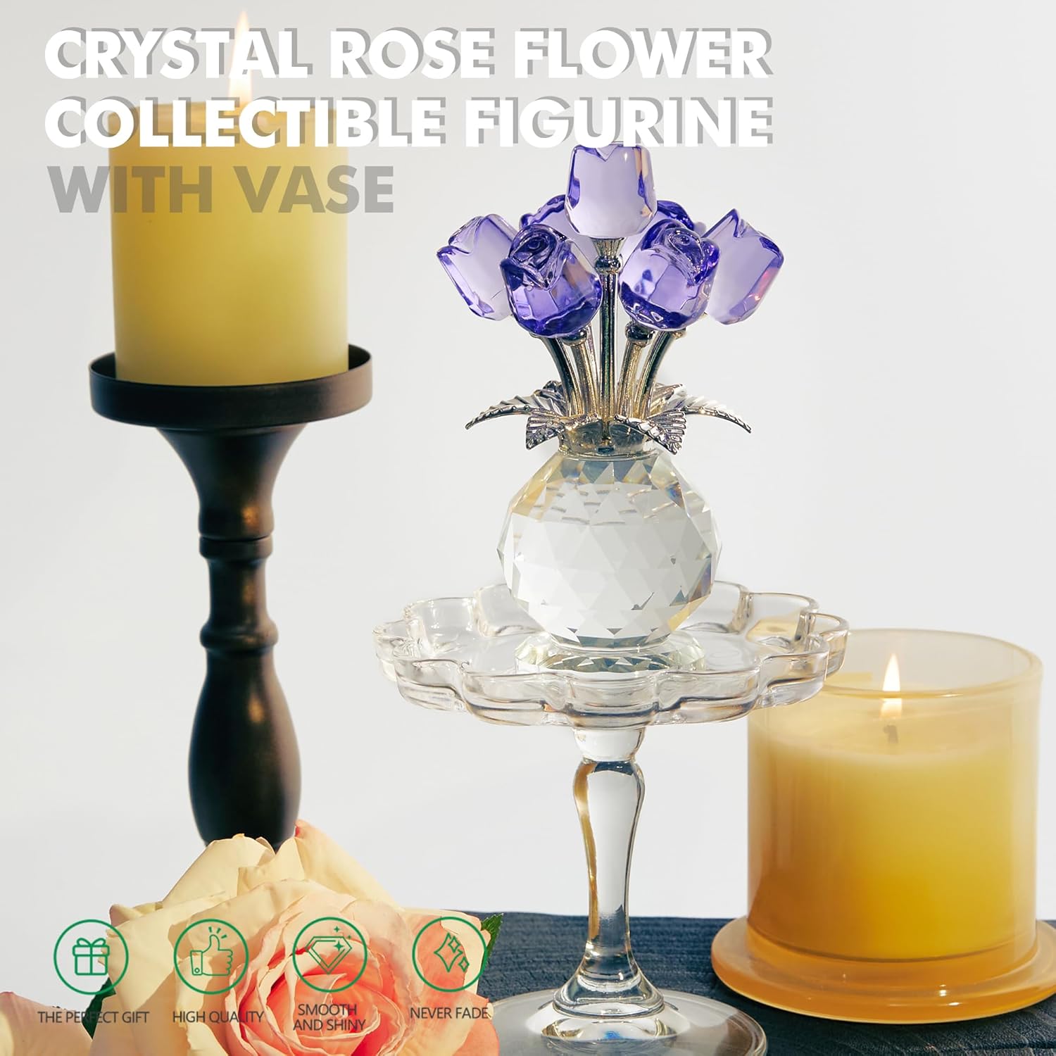 Crystal Purple Rose Figurines 4.7 * 2.8in Crystal Rose Flowers Gifts for Women Glass Flower Ornament Gifts - Image 3