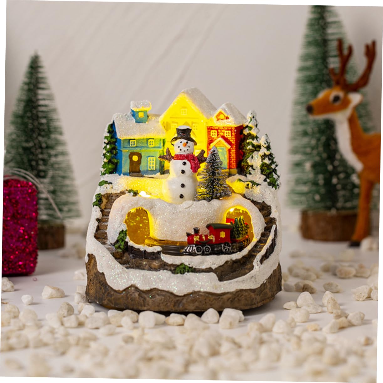 PRETYZOOM Casa de Nieve con Música Brillante Decoración Navideña Iluminada para Escritorio Casa Miniatura Iluminada con Tren para Adornos de Navidad