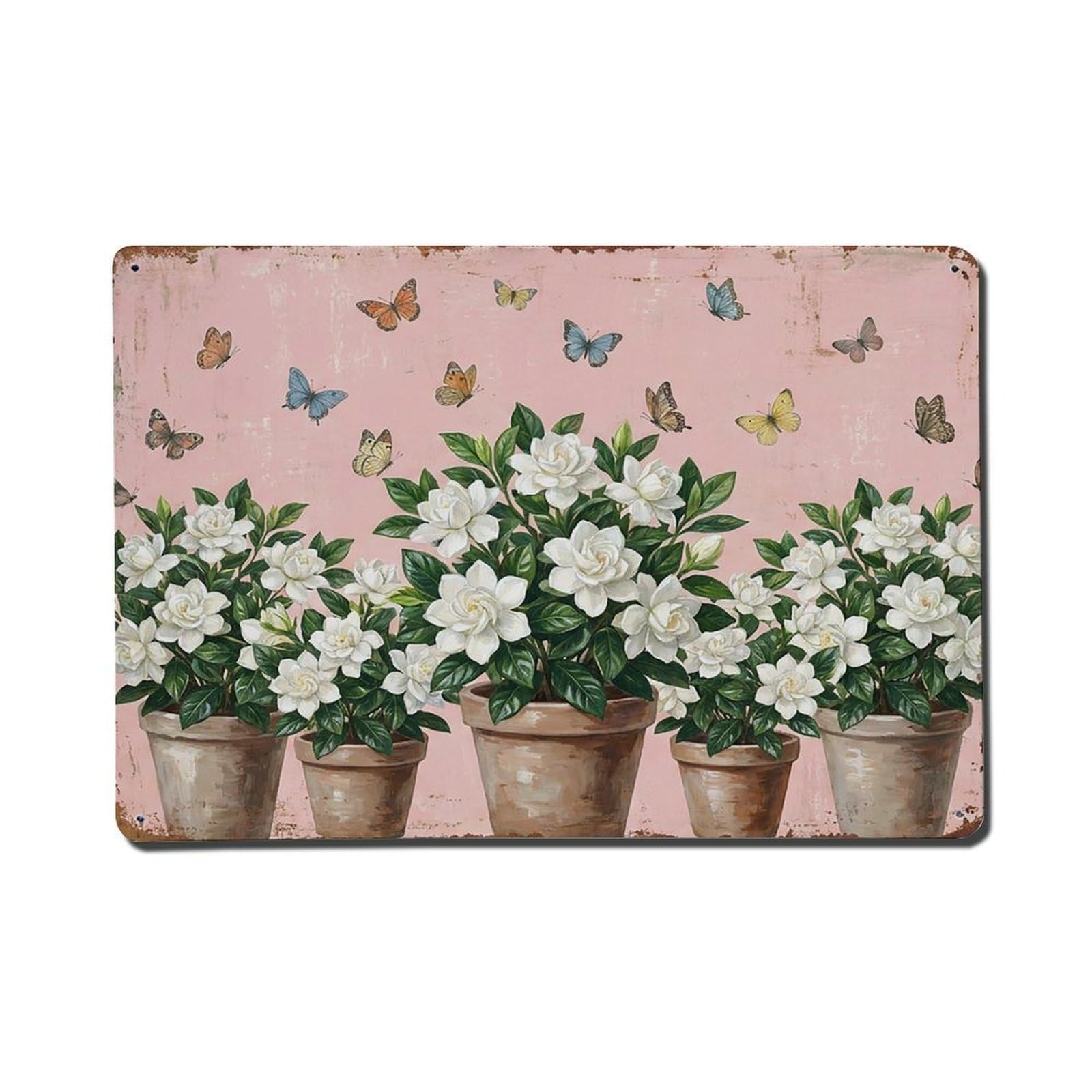 Vintage Rustic Flower Potted Plants Gardenia Metal Tin Sign