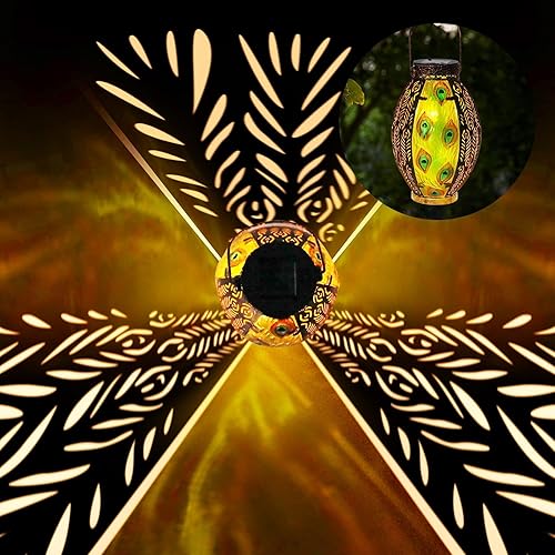 Miniatura 5 de Faroles solares colgantes para exteriores, impermeables, de cristal, luces de pavo real, luces LED ahuecadas de metal, lámparas de mesa LED