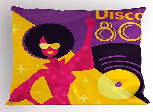 lunarable Retro almohada Sham, los años 80 Póster con Dancing Mujer con Pelo Afro Disco grabar en telón de fondo, decorativo King estándar tamaño