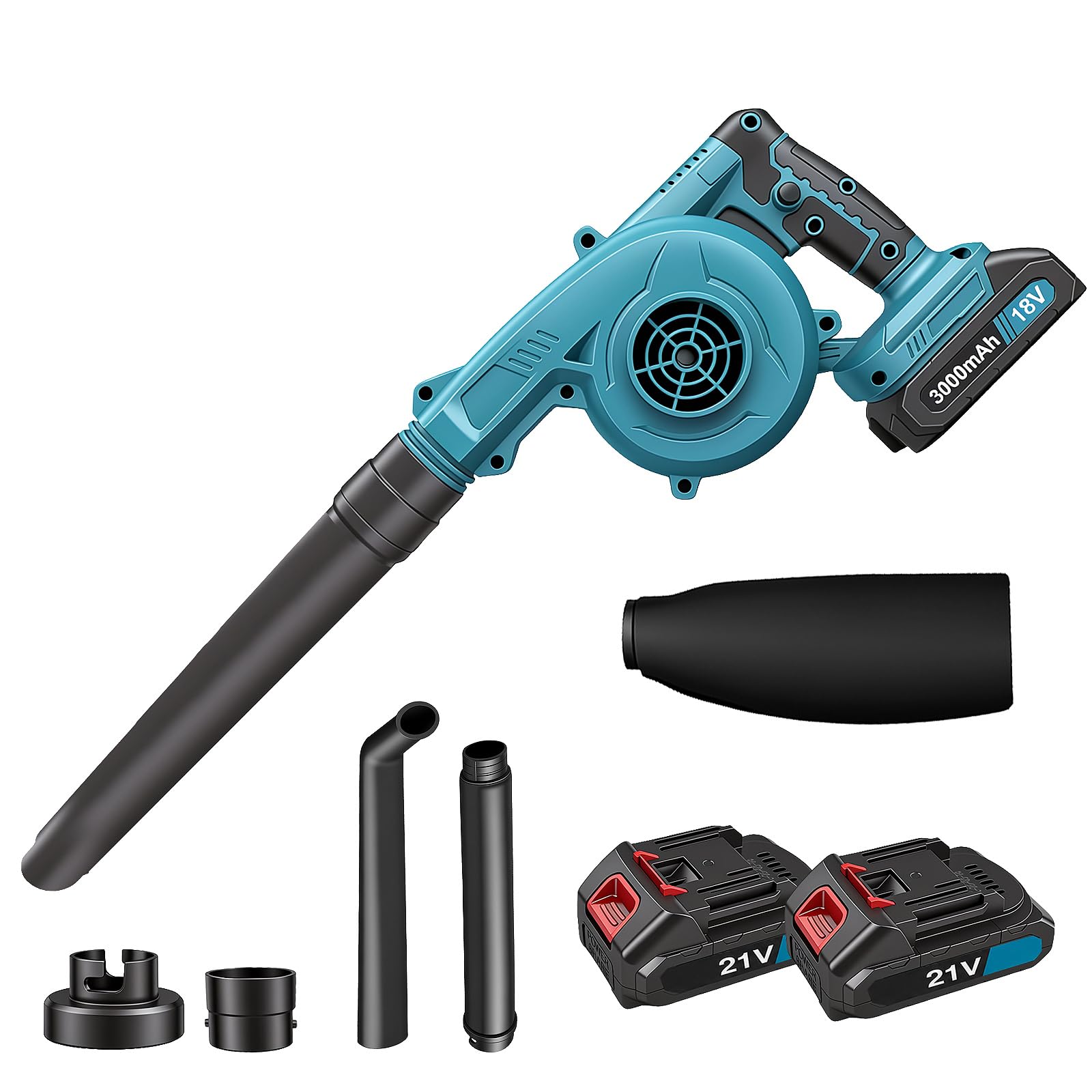 Soplador de hojas inalámbrico, 2 en 1 soplador de batería con función de eliminación de polvo, 2 baterías de 3,0 Ah, 19500 RPM, soplador eléctrico para jardín, terraza, coche