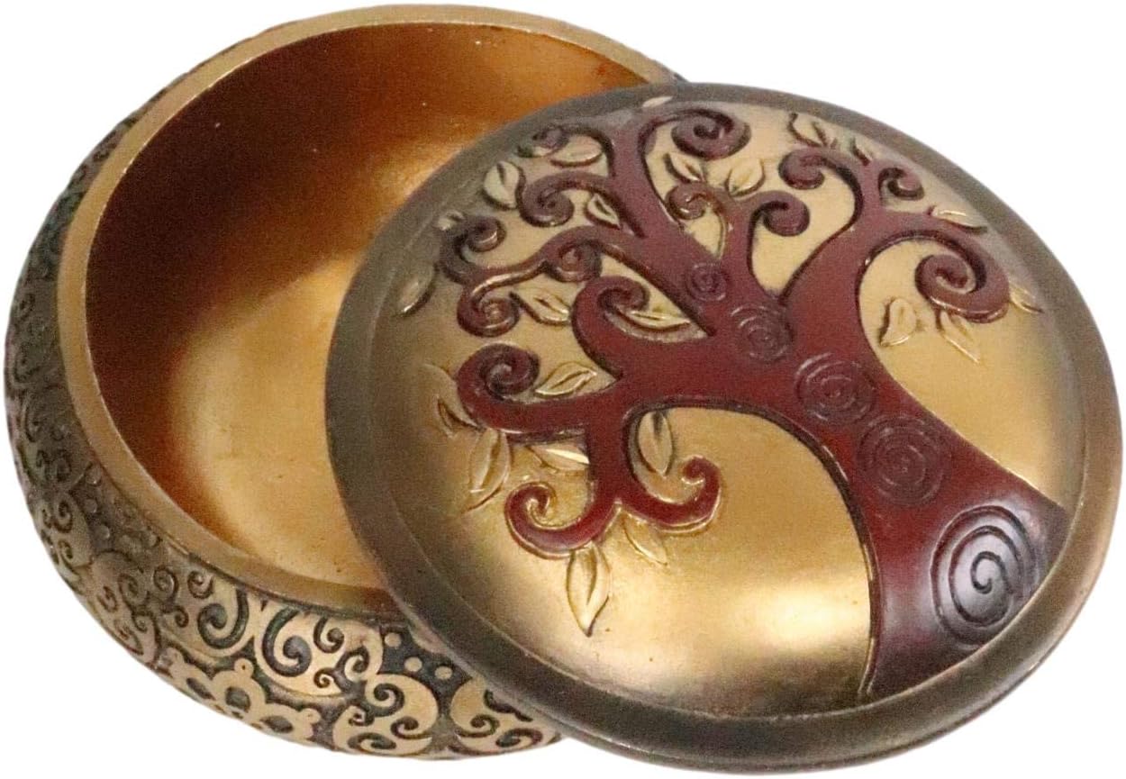 Ebros Sacred Tree of Life Yggdrasil Round Decorative Jewelry Box With Ornate Scroll Art Design As Small Storage Solution Knick Knack Container Celtic Decoration