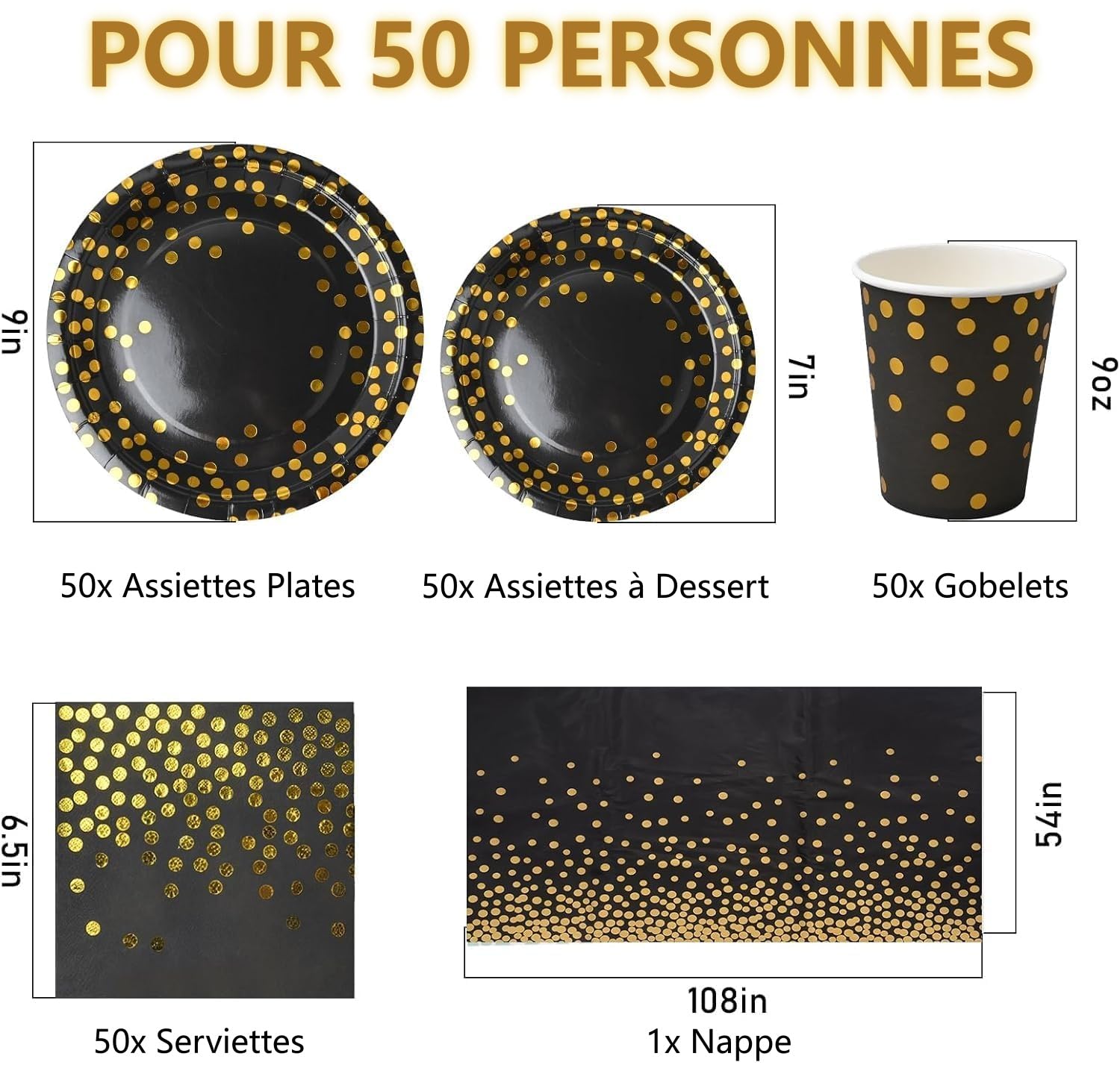 Vaisselle de fête noire et or 201 pièces, assiettes, gobelets, serviettes et nappe à pois dorés. Élégant et pratique pour anniversaire, mariage, baby shower ou toute autre célébration spéciale