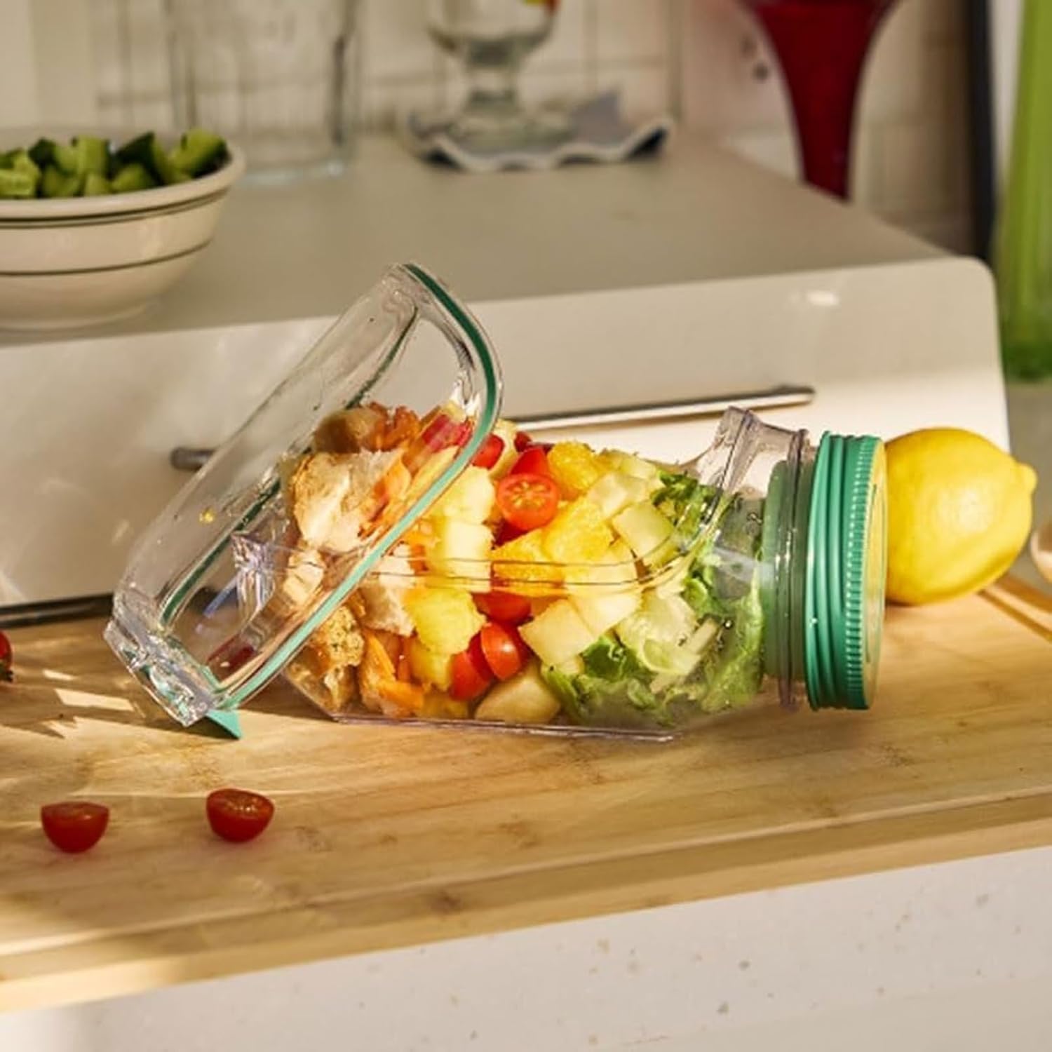 Cápsula De Ensalada Portátil Con Apertura Lateral 300 Ml - Bowl Integrado Y Recipiente Para Salsa - Apto Para Lavavajillas Y Congelador