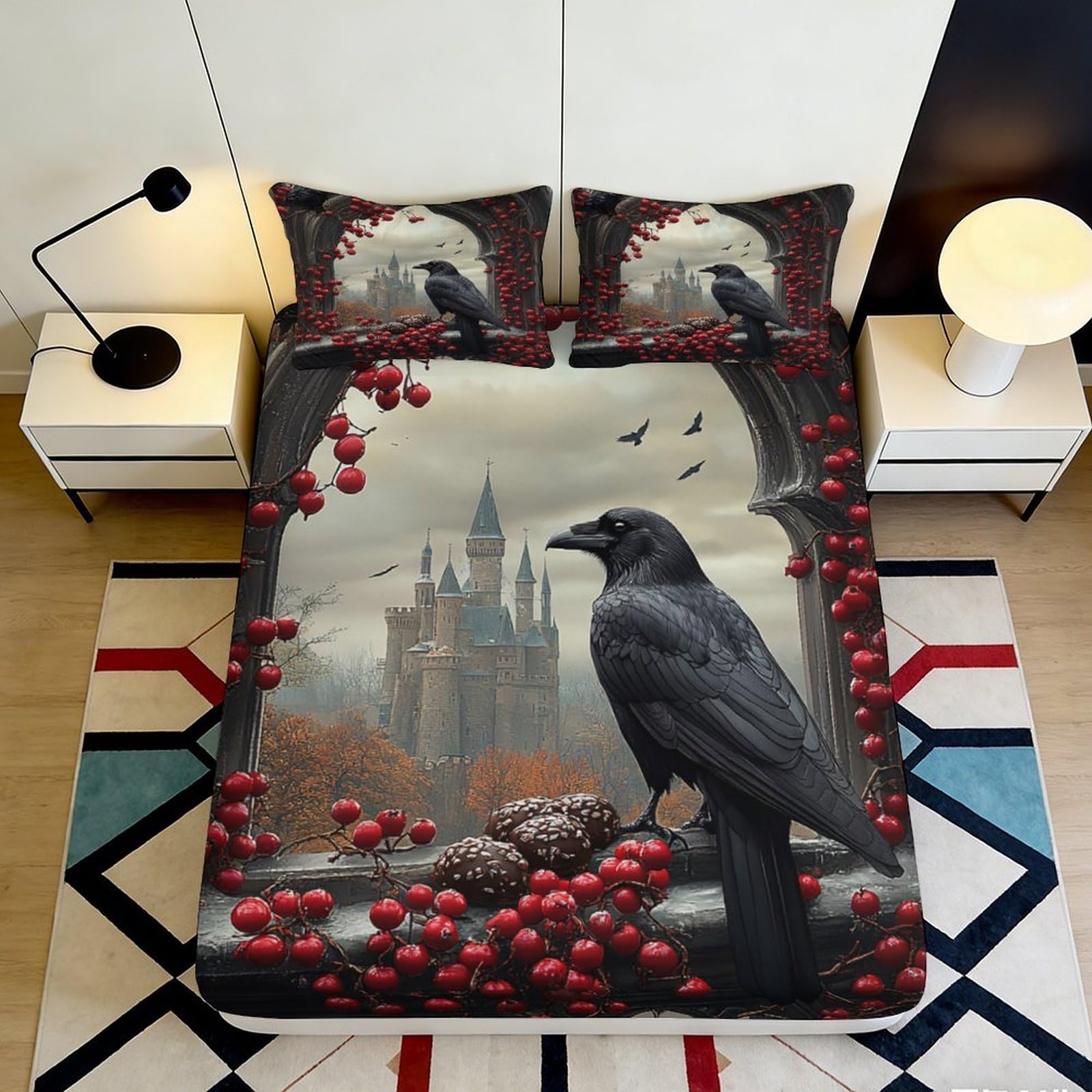 3D Printed Gothic Castle Fitted Sheet Microfiber Soft Raven Bed Cover for Bedroom Decor Dorm Mattress Protection 90x200x25cm