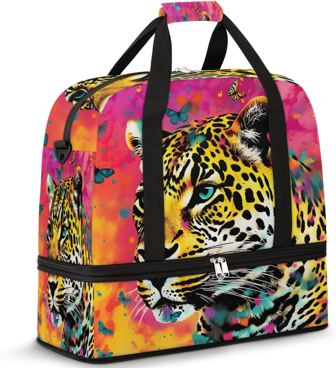 QsirBC Funny Leopards Texture Gym Bag for Women Duffle Tote with Shoes Compartment Men Weekender Duffel for Dance Travel Sports Swimming Overnight