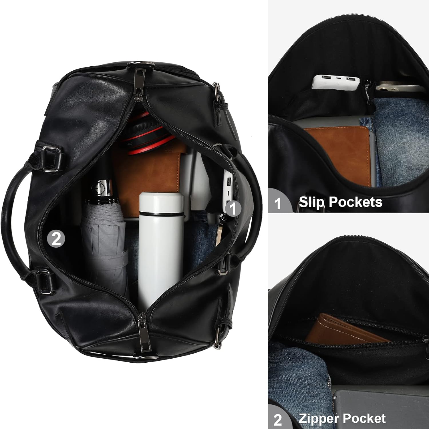 Vegan Leather Duffle Bag, LXY Travel Duffle Weekender Bag with Shoe Compartment, Duffel Overnight Gym Bags for Women Men Black - Image 3