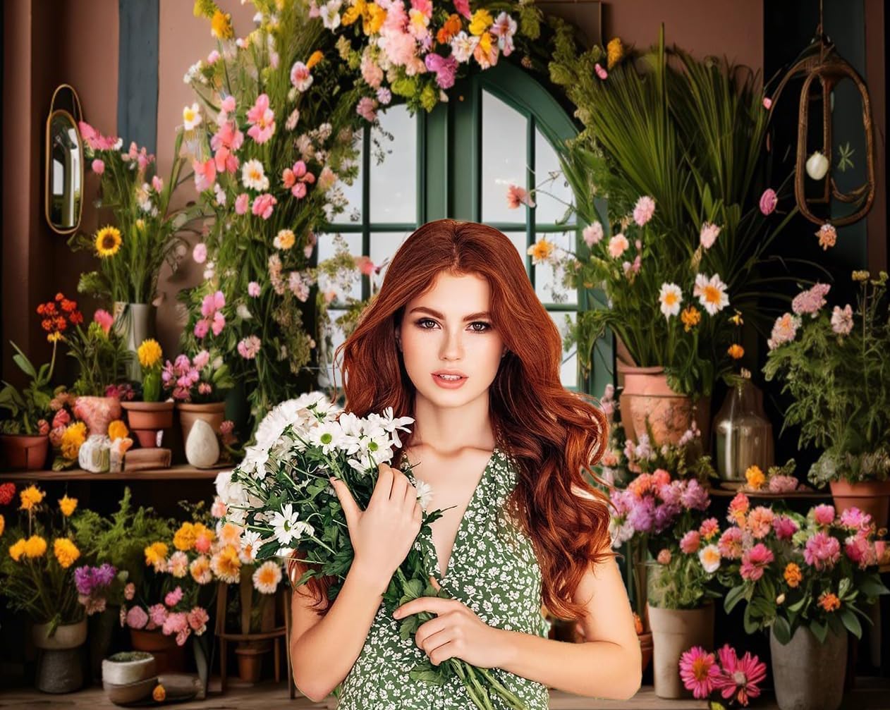 10x10ft Spring Flower Backdrop for Photography Indoor Blooming Flower Arch Wooden Door Floral Photo Background Video Photo Shoot Wedding Portrait Background Studio Photo Booth Props