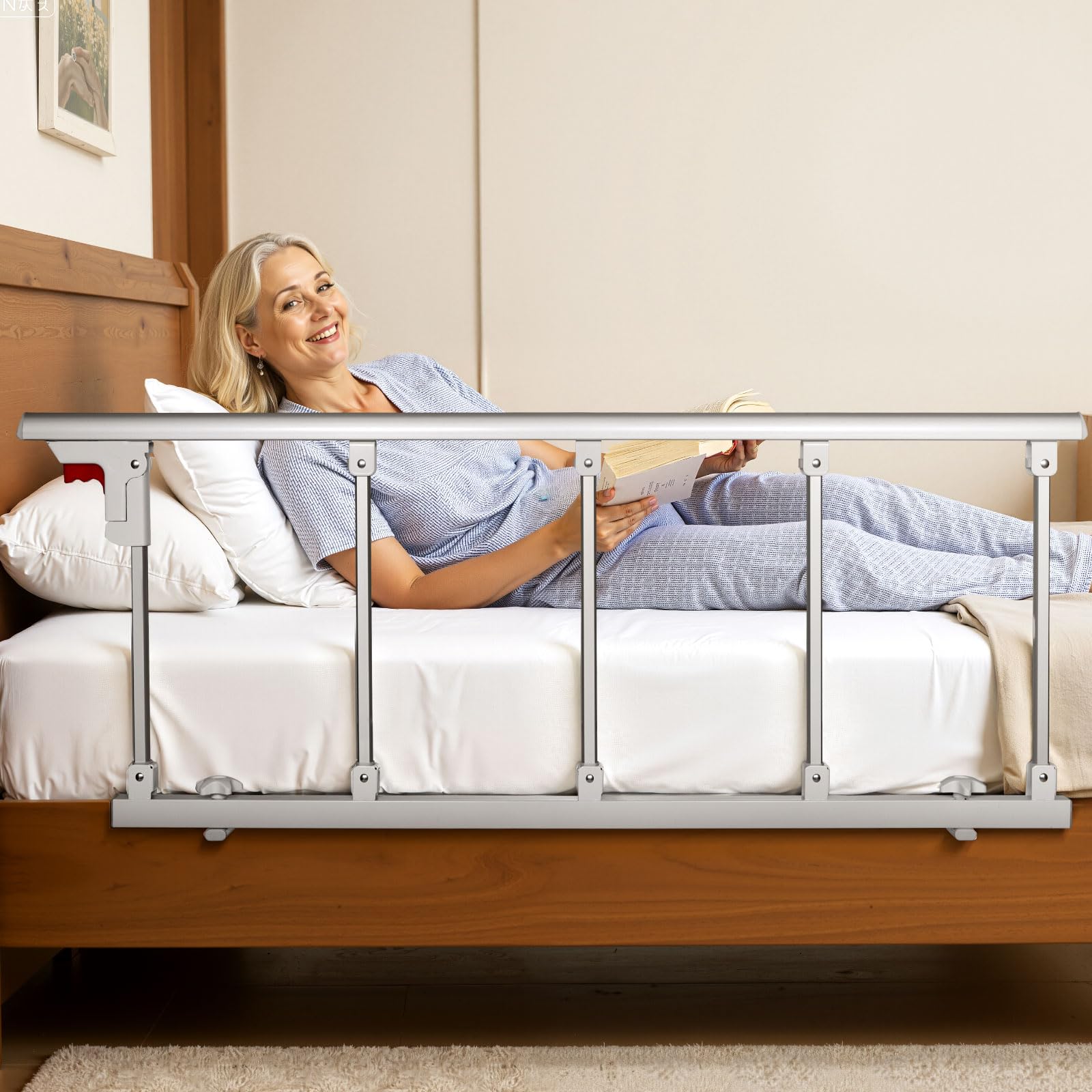 VEVOR Barandilla de Cama Plegable Personas Mayores, 122 cm, con Correa de Sujeción, Protección Anticaídas, Asa de Protección a Las Manos y Protector de Bordes, a Camas King, Queen, Matrimoniales