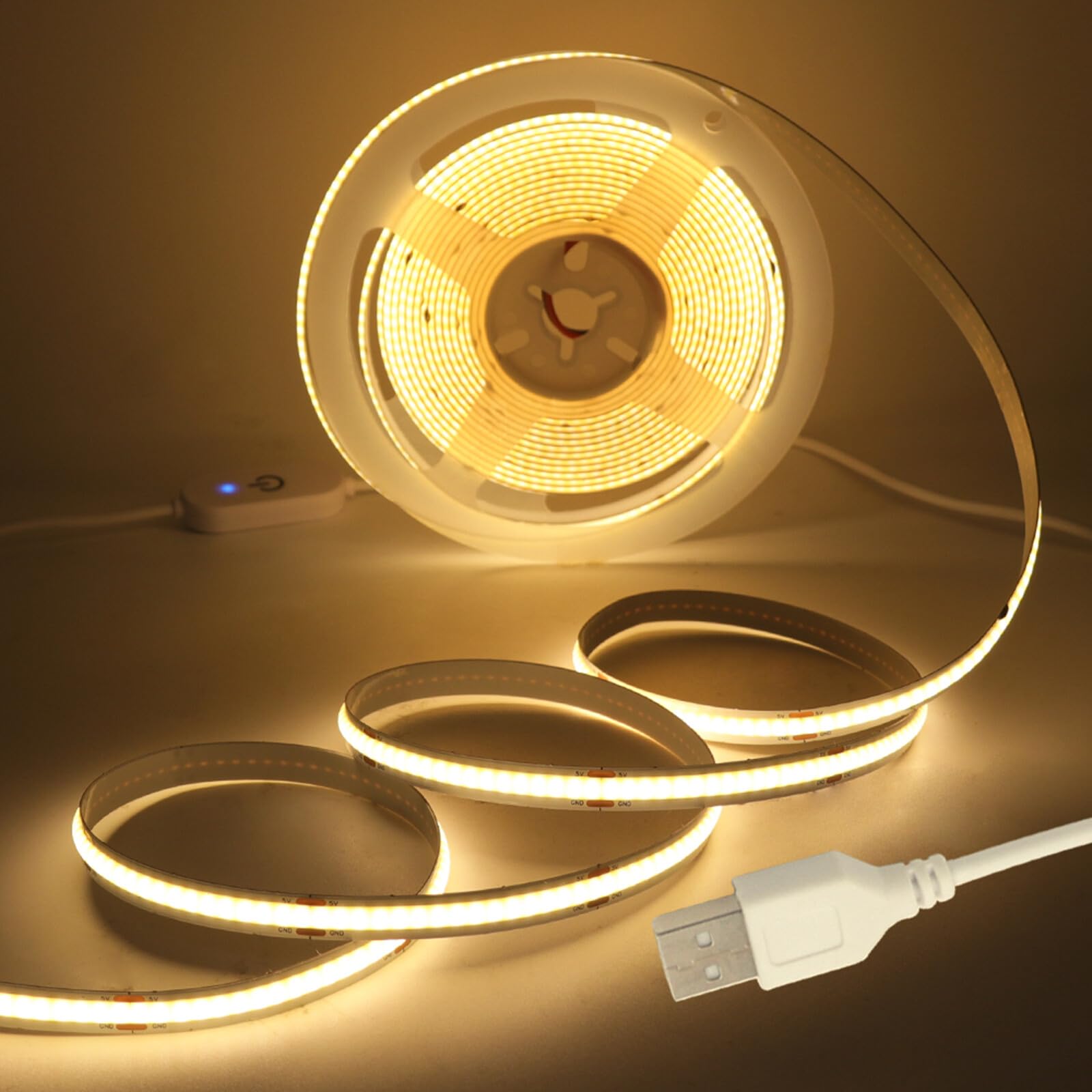 KAFULA 5V Dimmable COB LED Light Strip [4m, Warm White 3000K], USB Powered, 320 LEDs/m Flexible FCOB LED Fairy Light CRI90+, Can be Cut Every 5cm, Home Decoration - Power Supply Not Included