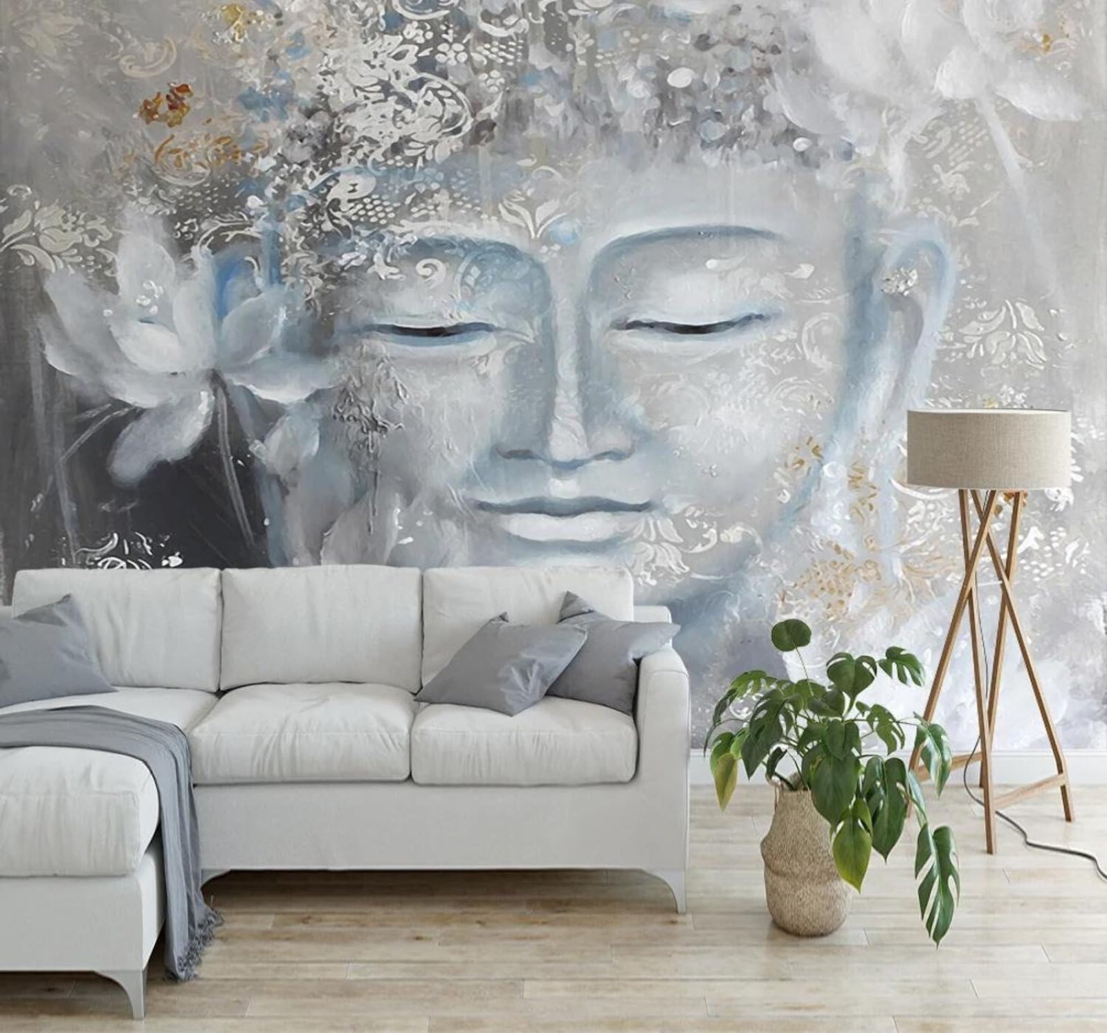 Tzxztt 250Cm×170Cm(B×H) Hand Drawn Art Nostalgia Buddha Lotus Modern 3D Wallpaper Premium Textured Silk Neutral Tones Material Ideal For Living Room Bedroom-250Cm×170Cm