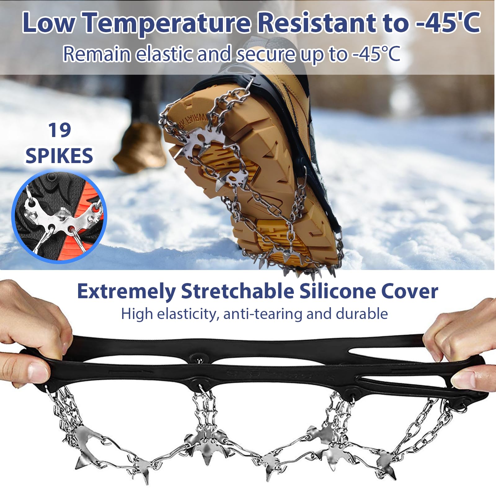 Crampones Antideslizante, Crampones para Botas de Senderismo, Garras de Zapatos con 19 Picos Antideslizantes, crampones de Nieve para Caminar, Alpinismo en Invierno y Senderismo