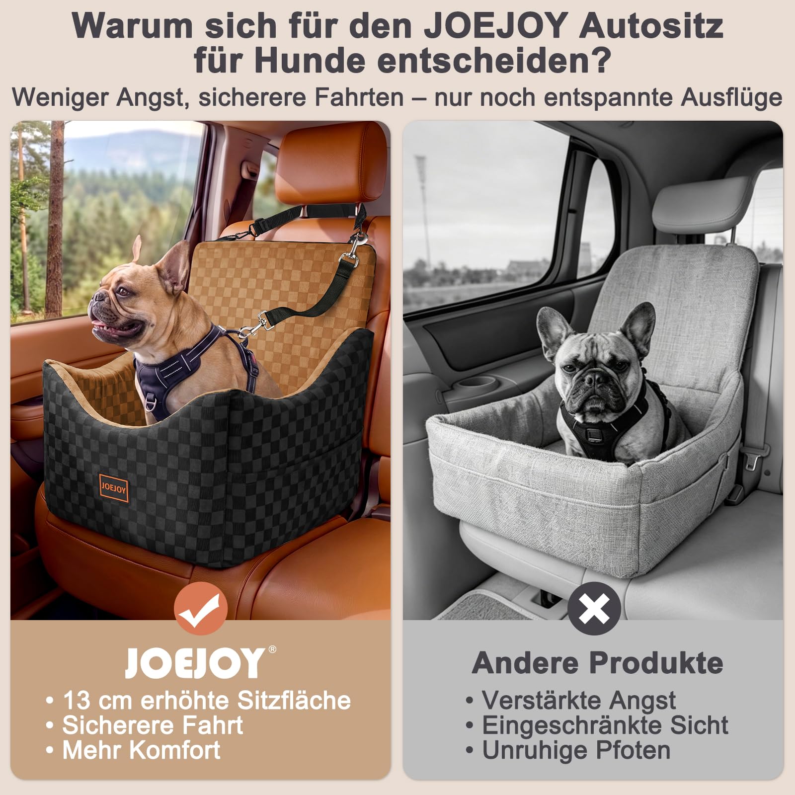 JOEJOY Fotelik samochodowy dla małych i średnich psów, zmywalny fotelik samochodowy dla psa z kieszeniami do przechowywania, pogrubionym wypełnieniem z pianki memory, podwyższenie siedzenia dla psa na