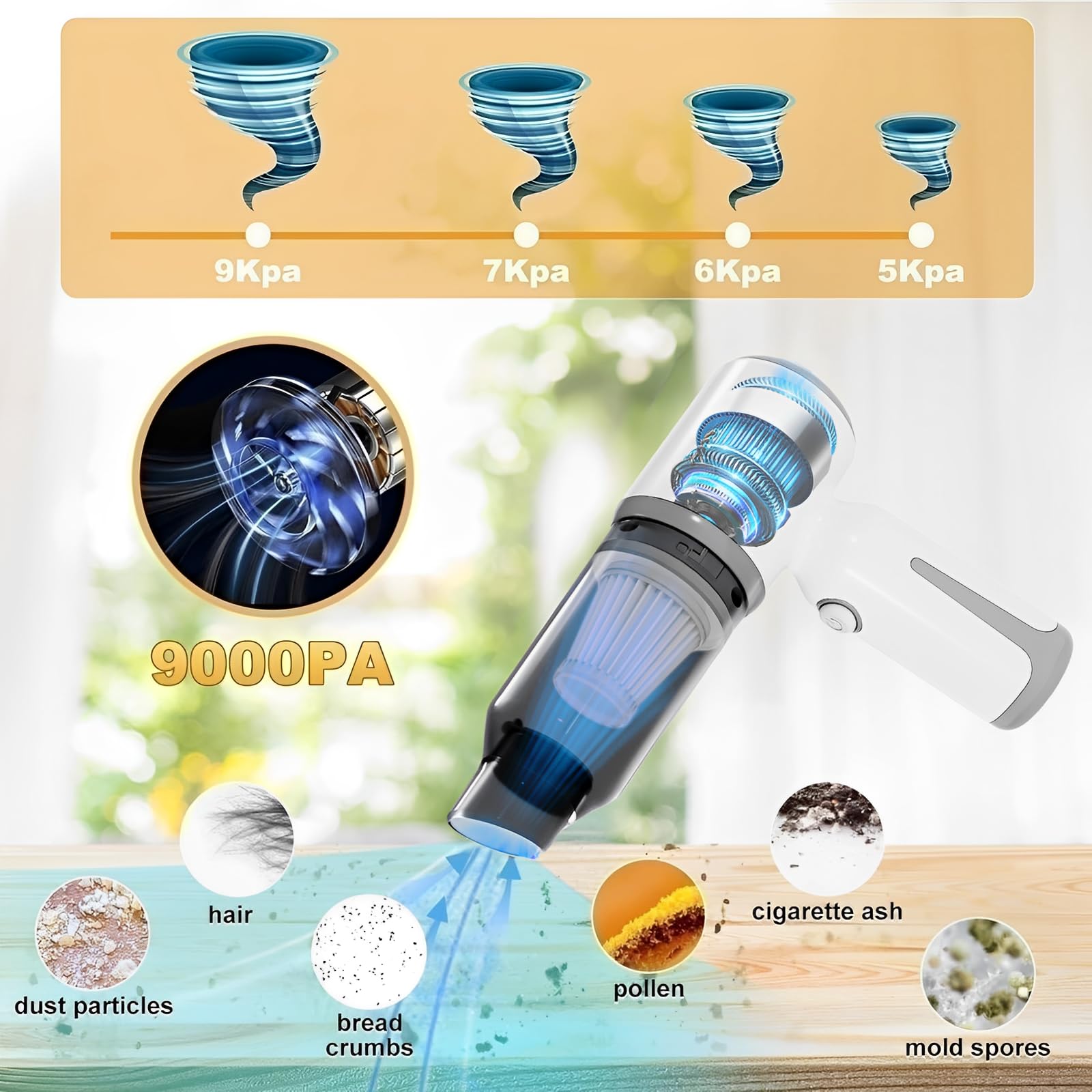 Mini aspiradora inalámbrica para coche, mini aspiradora inalámbrica de mano para coche, 9000 PA, succión de alta potencia, portátil, 3 en 1, aspiradora pequeña y soplador de aire y bomba para limpieza