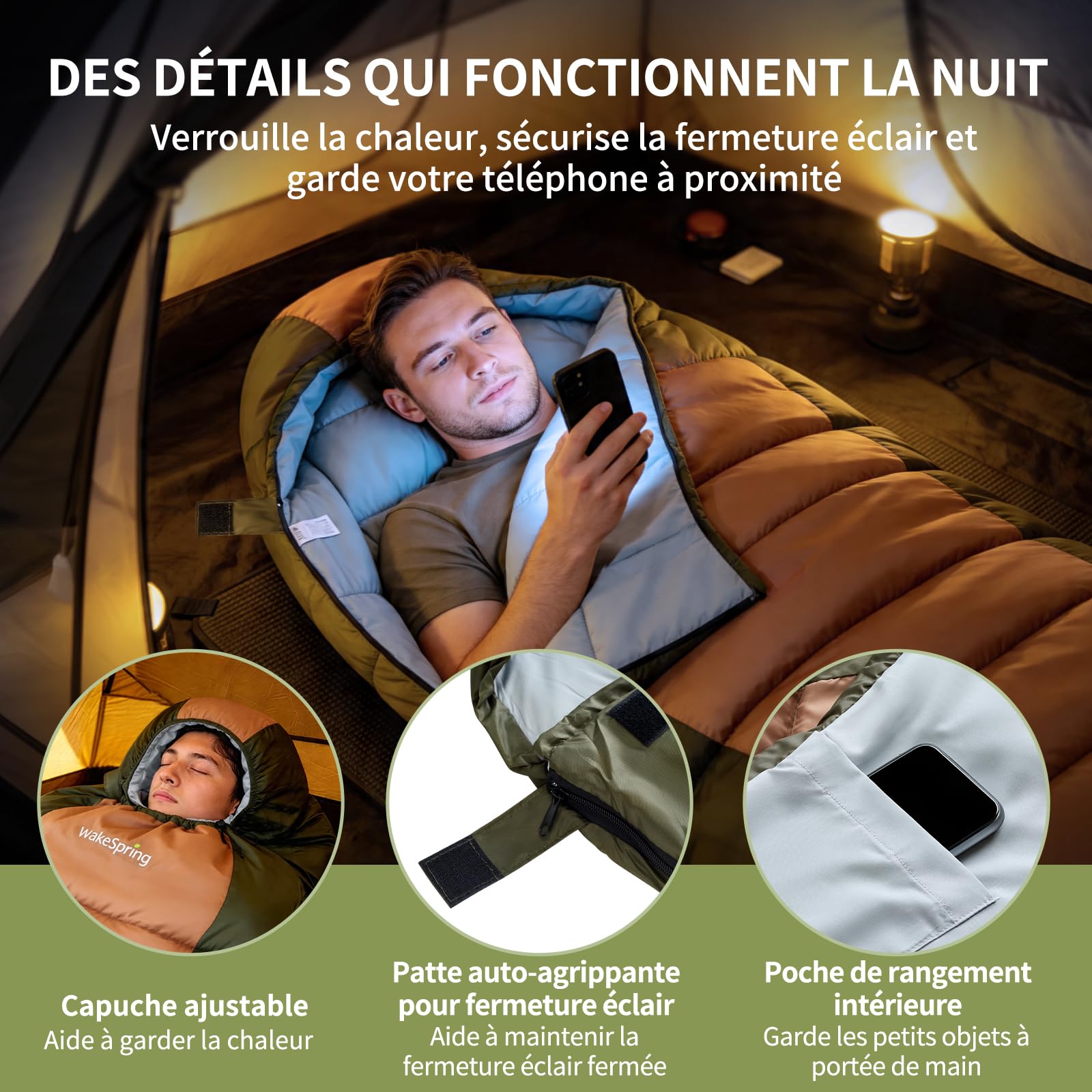Sac de Couchage Momie 3 Saisons, Fibre Creuse 450 GSM | Forme Ergonomique Ajustée, Garnissage 450 GSM, Capuche Réglable, Zone Pieds 3D, Idéal Camping et Randonnée