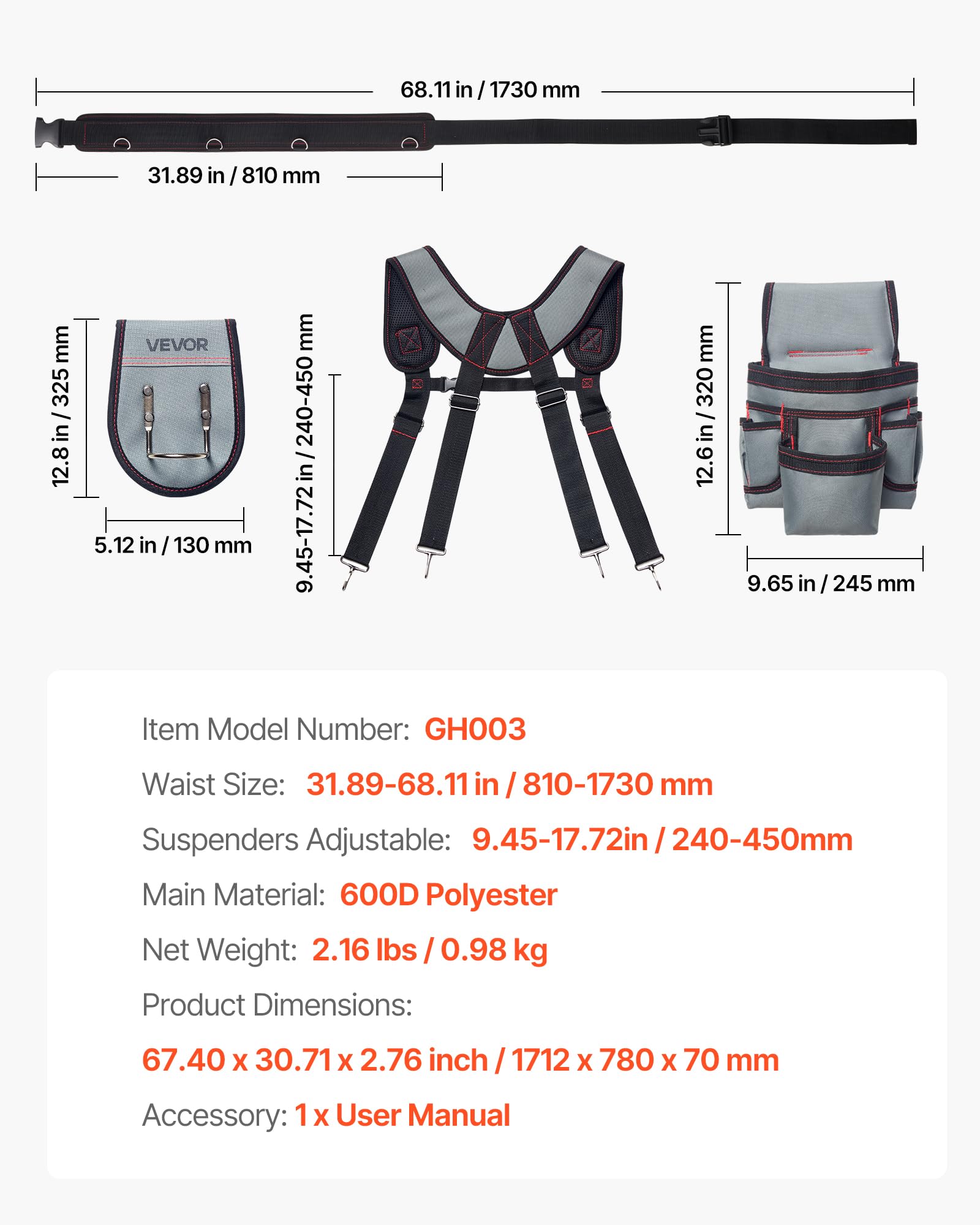 VEVOR Ceinture Porte Outil Bretelles 22 Poches Ceinture à Outils Tour de Taille Ajustable 81-173 cm Sacoche Charpentier Sac à Outils Amovible pour Électricien Construction Homme Chantier Bricolage