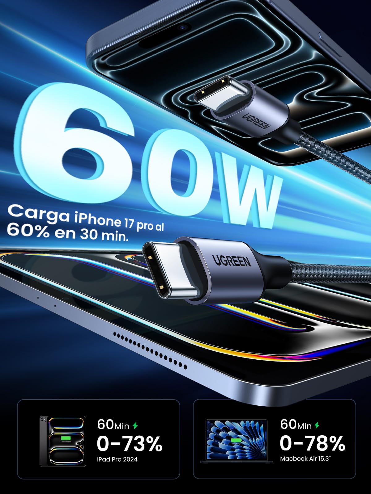 UGREEN Cable USB C 60W PD 3.0, Tipo C Carga Rápida Nylon Compatible con iPhone 17 Pro Max Air/16/15 Plus Pro Max, Galaxy S26 S25 S24 S23 A53, Pixel 10 9 8, PS5, etc. 1M