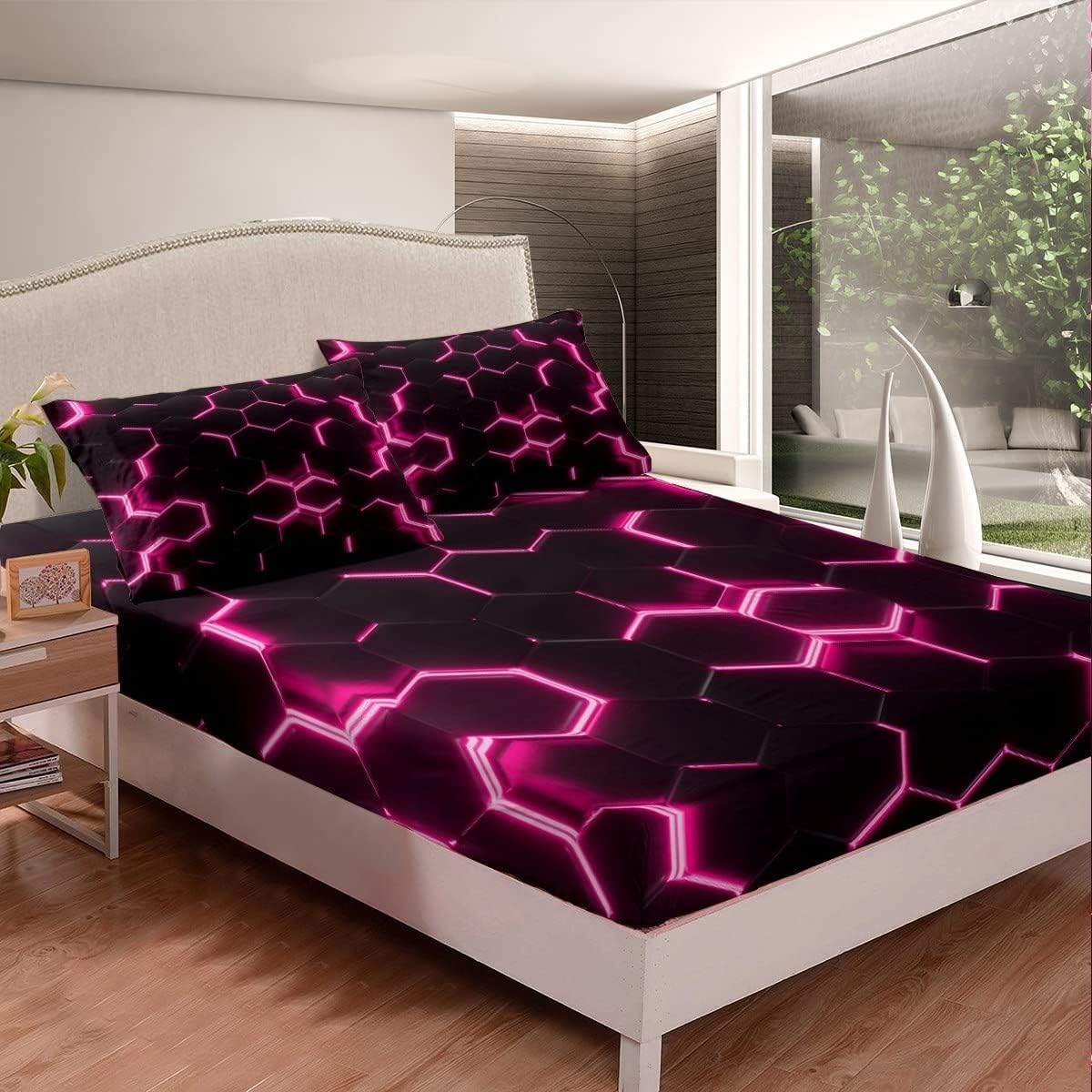 Sábana Ajustable Dibujo Rosa y Negra, Bolsillo Profundo 30 cm Ropa de Cama Microfibre Suave y Cómoda con 2 Fundas Almohada, (Geométrico Minimalista, 180x200cm)