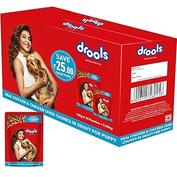 Drools Puppy Wet Dog Food, Real Chicken and Chicken Liver Chunks in Gravy, 15 Pouches (15 x 150g)