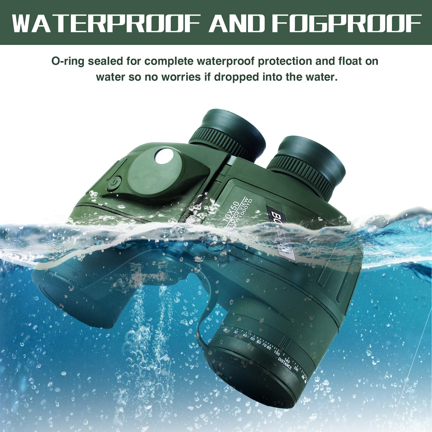 Binocolo Marino Mlitare Antiappannante Impermeabile 10x50, con Telemetro Interno e Bussola Obiettivo FMC con Prisma BAK4 per Navigazione, Canottaggio, Pesca,Sport Acquatici, Caccia