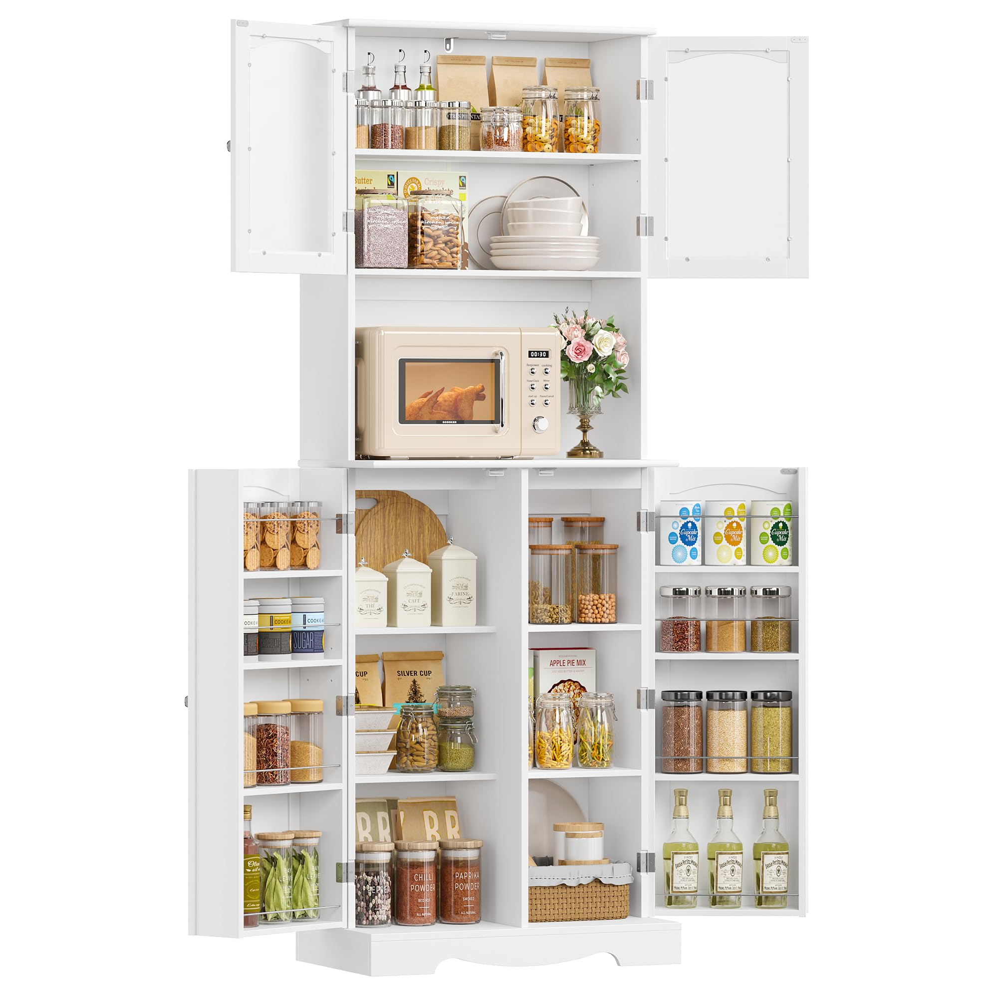 Credenza Cucina Alta, Mobile Cucina con Scaffali Portaspezie Bianco | Mobile Dispensa Cucina con 3 Ripiani Regolabili, Salvaspazio, piano di lavoro, 8 Scomparti e 4 Ante, per Cucina, Soggiorno